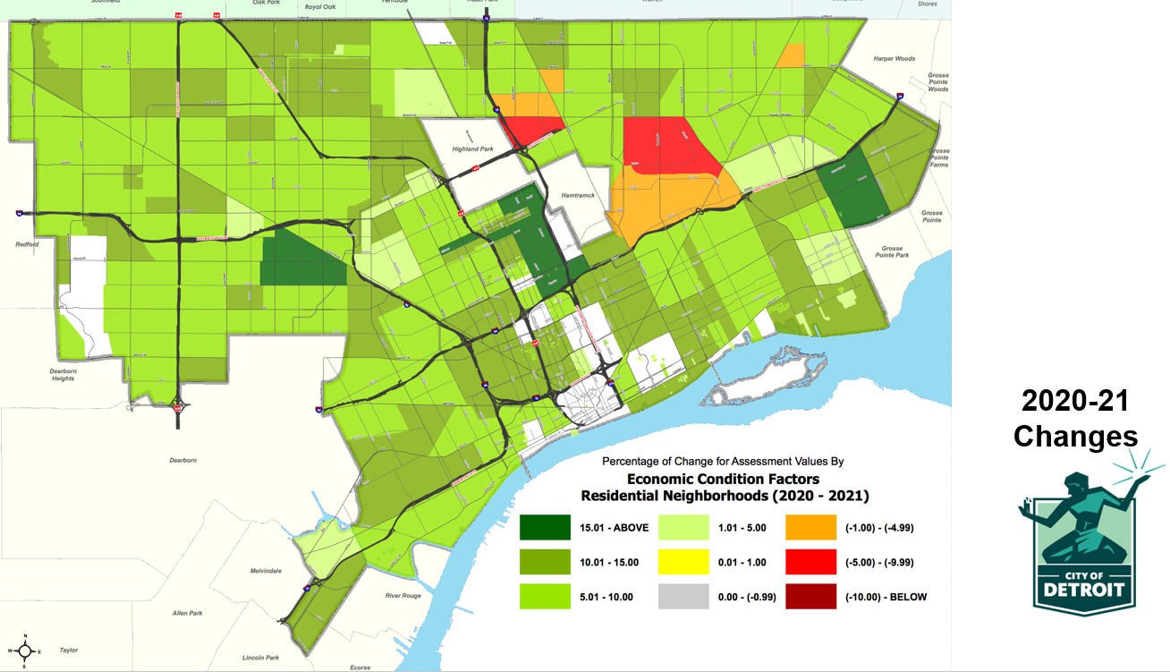 Map of Detroit neighborhoods that saw an increase in their property assessment value 