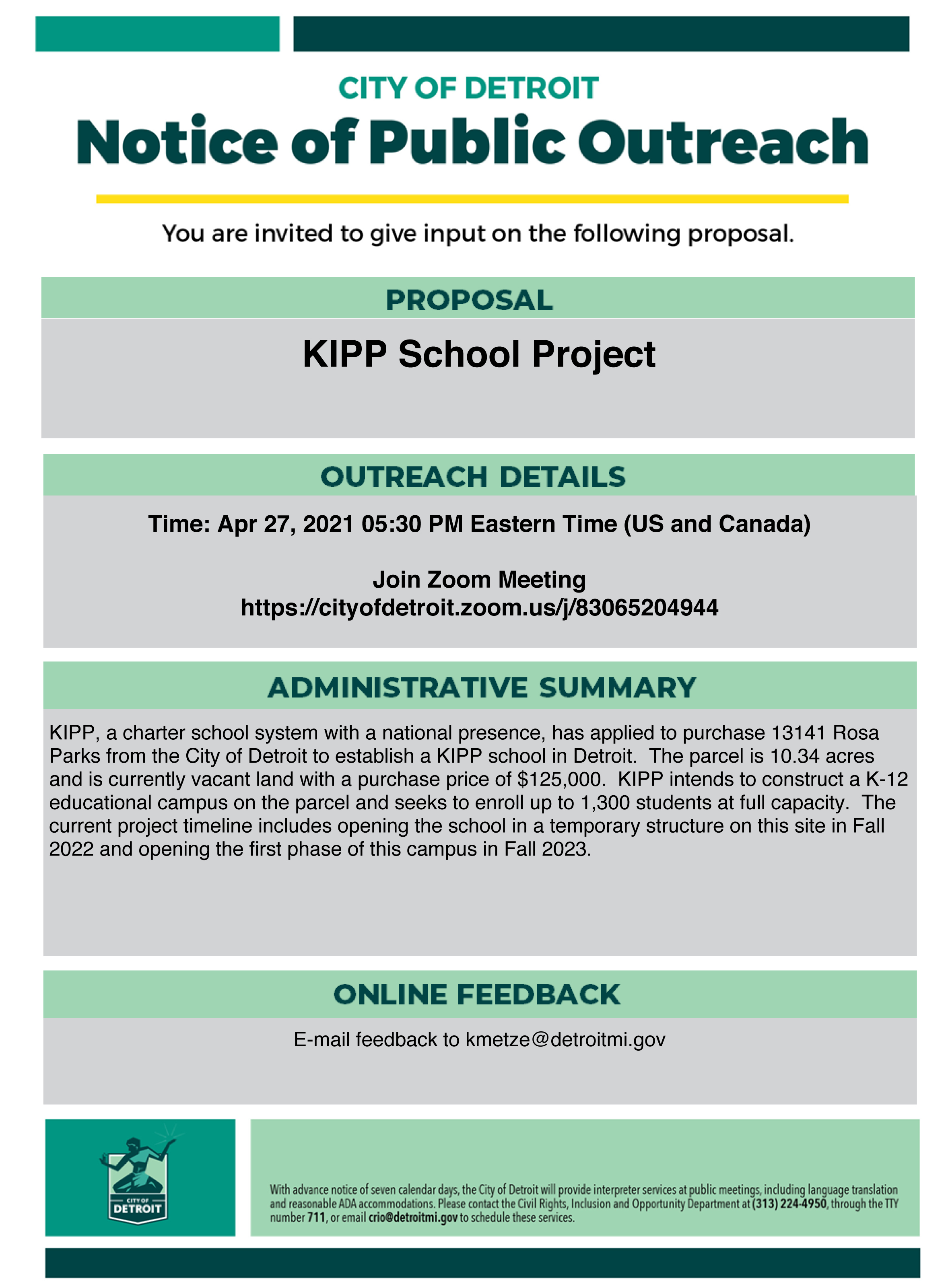 Notice of Public Outreach: KIPP School Project