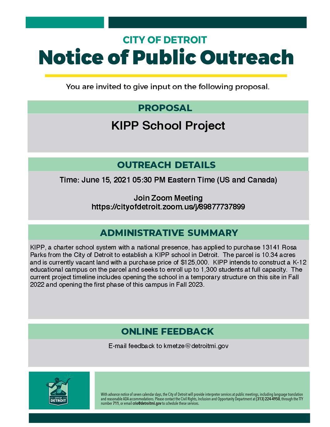 Notice of Public Outreach: KIPP School Project 2