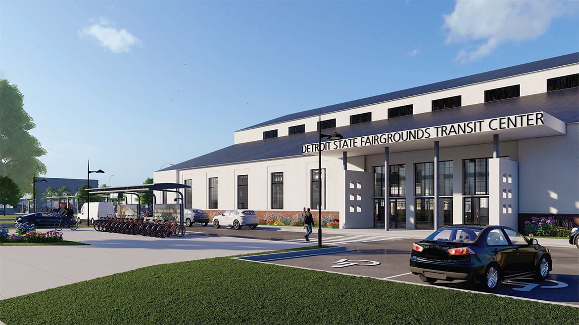 Render of the new DDOT State Fair Transit Center, exterior shot of the Dairy Cattle Building