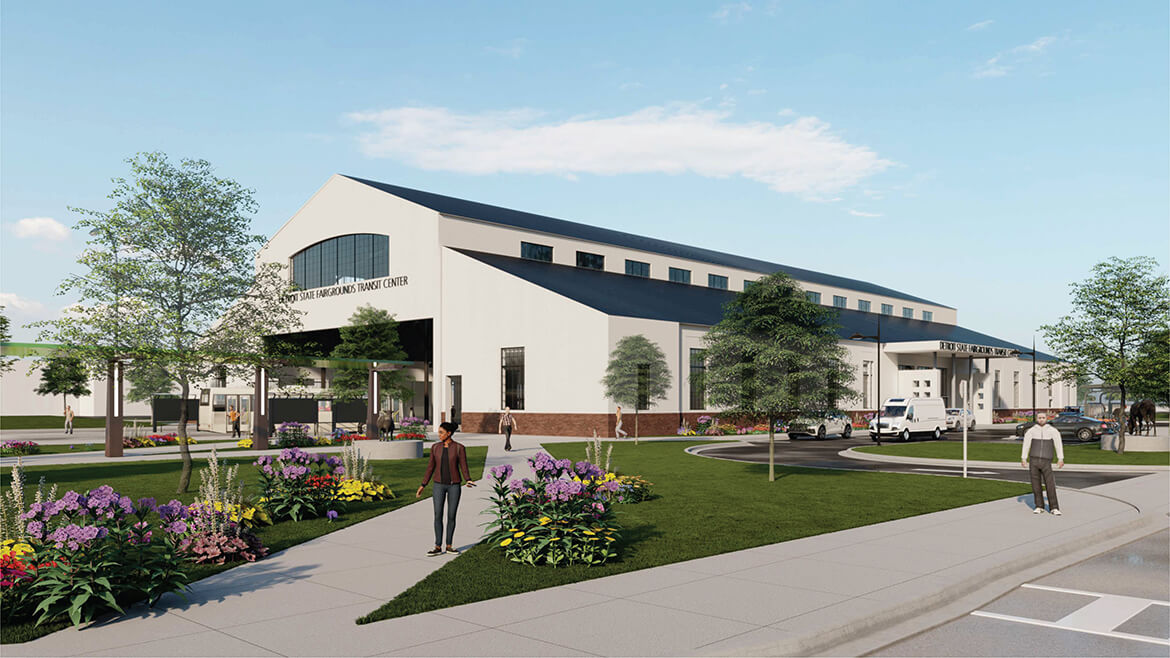 Render of the new DDOT State Fair Transit Center, exterior shot of the Dairy Cattle Building