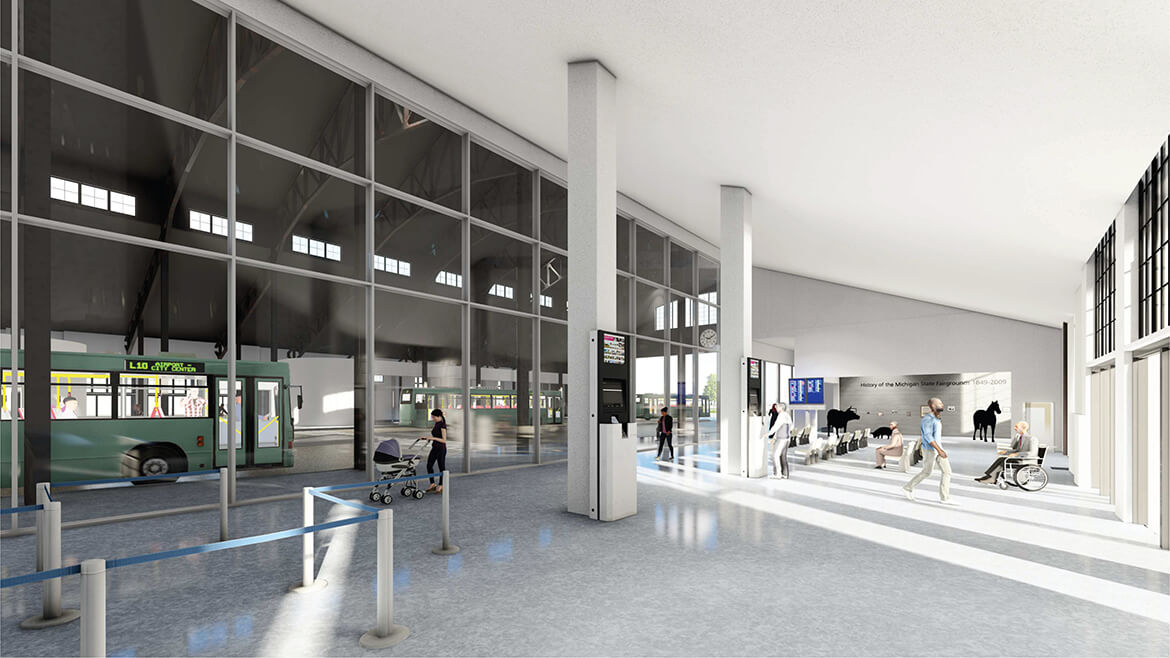 Interior render of the Dairy Cattle Building as Detroit State Fairgrounds Transit Center, highlighting the waiting area