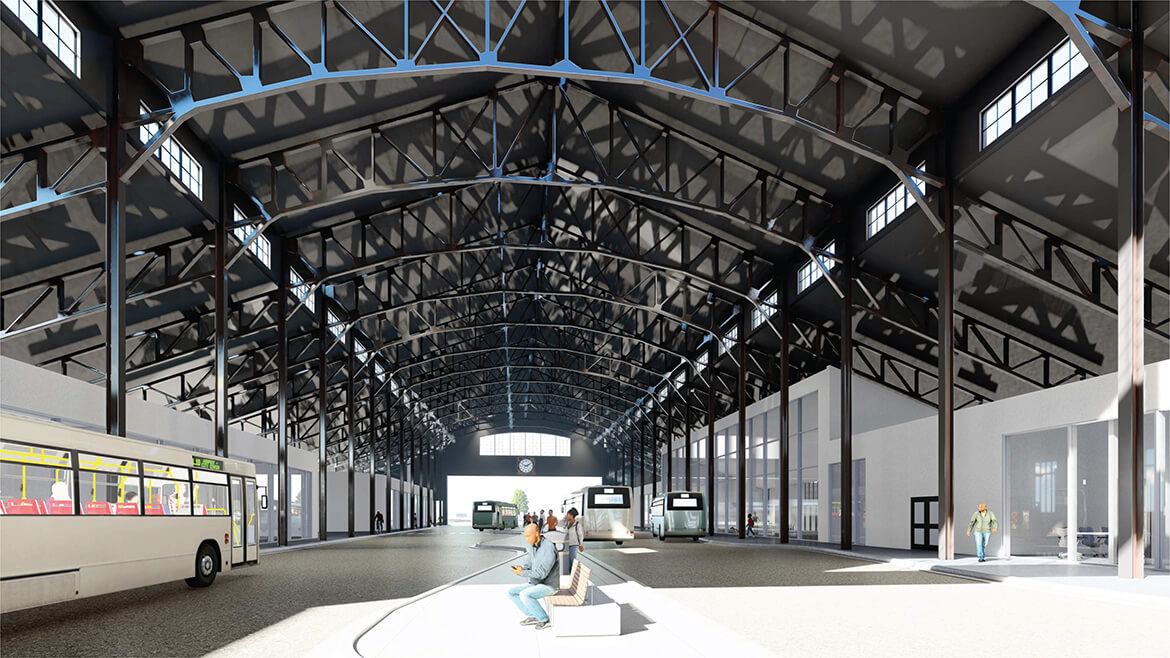 Interior render of the Dairy Cattle Building as Detroit State Fairgrounds Transit Center, highlighting the archway, benches, and bays