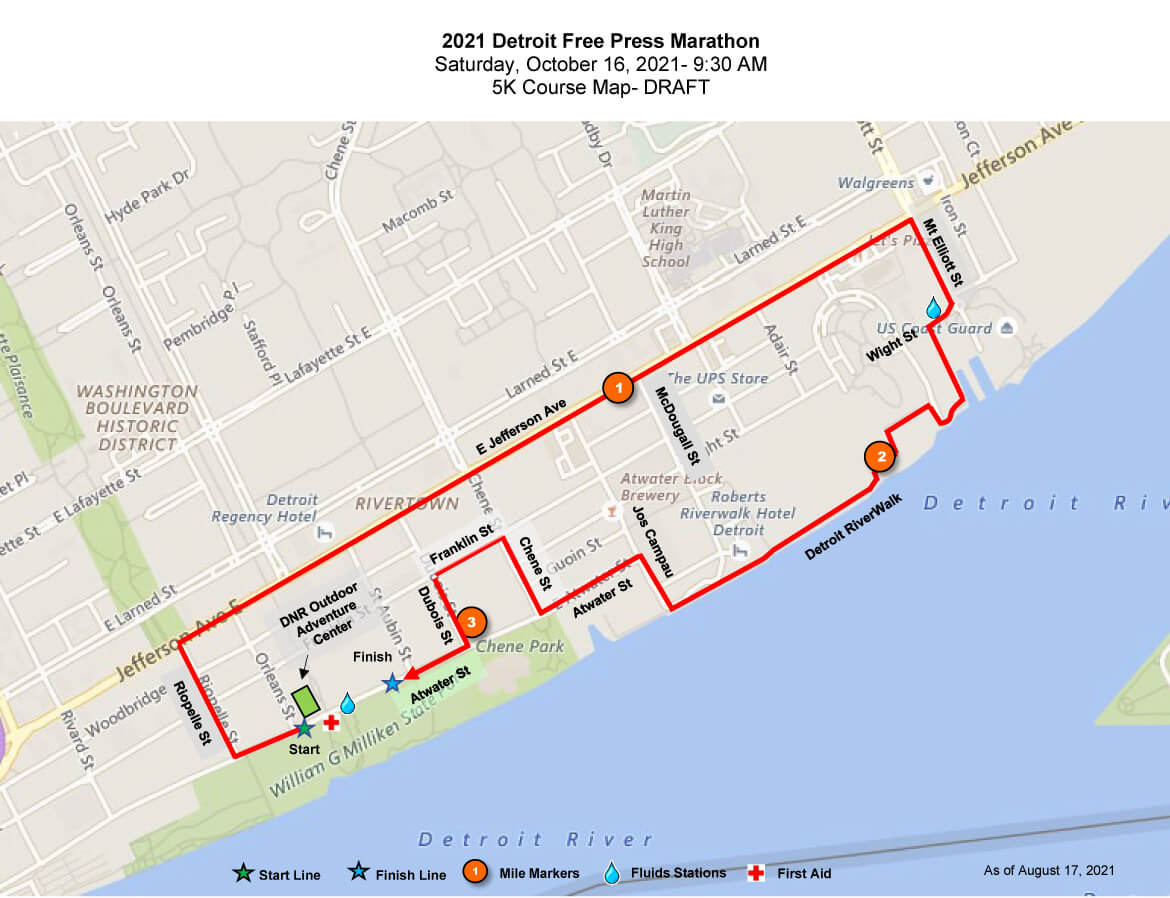 Map showing the Detroit Free Press Marathon Saturday 5K Course Map