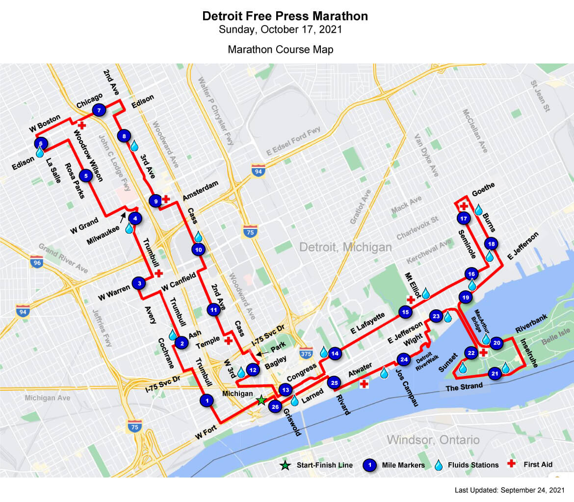 Map showing the Detroit Free Press Marathon Sunday Marathon Course Map