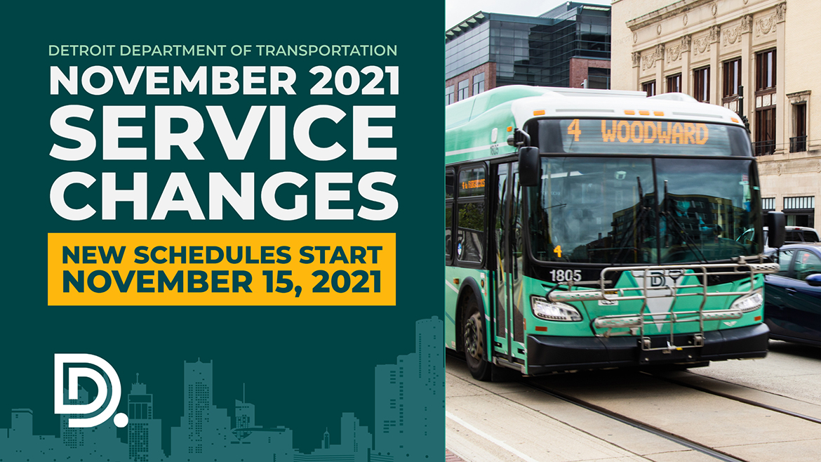 Hero image of a DDOT bus driving downtown. Headline reads, &quot;DDOT November 2021 Service Changes.&quot;