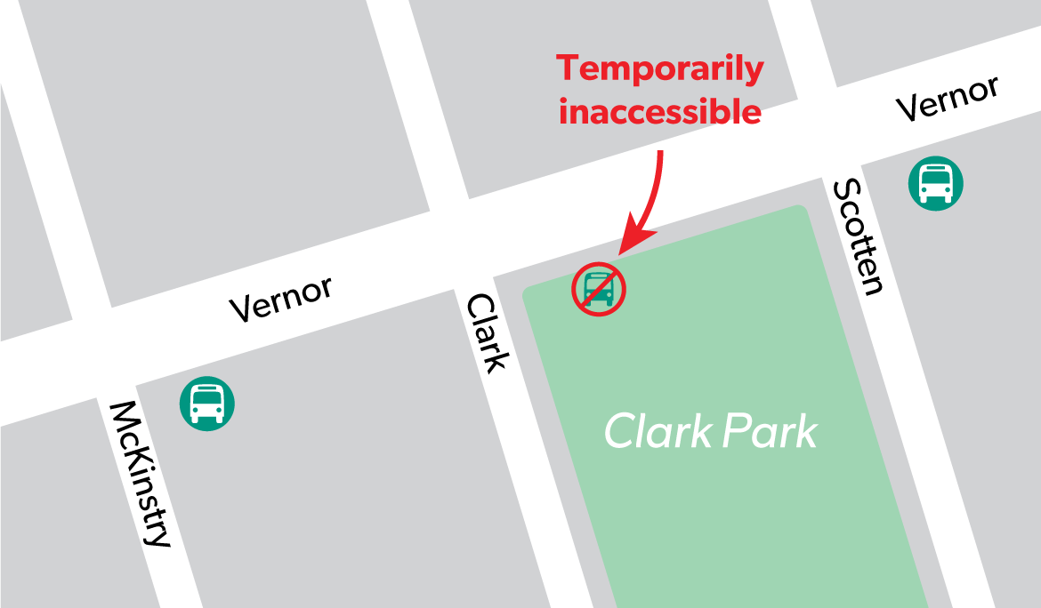 Map showing that DDOT Bus Stop #7915 is temporarily inaccessible