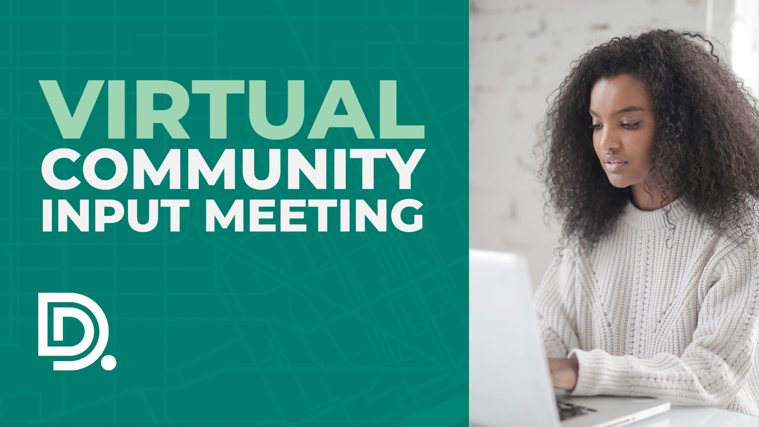 Image of an African American woman using her computer with the following headline, "DDOT Virtual Community Input Meeting."