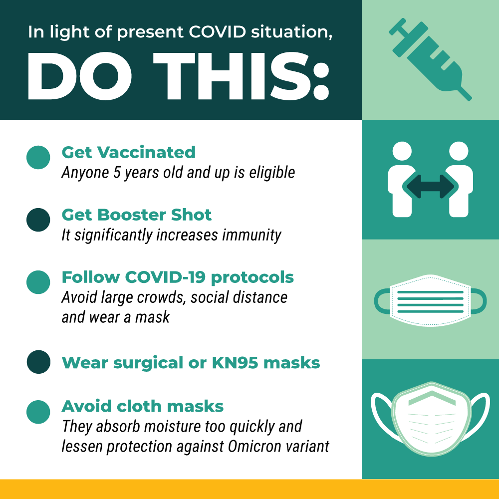 In light of the present COVID situation, Do This: Get Vaccinated, Get Booster Shot, Follow COVID-19 protocols, Wear surgical or KN95 mask, Avoid cloth mask