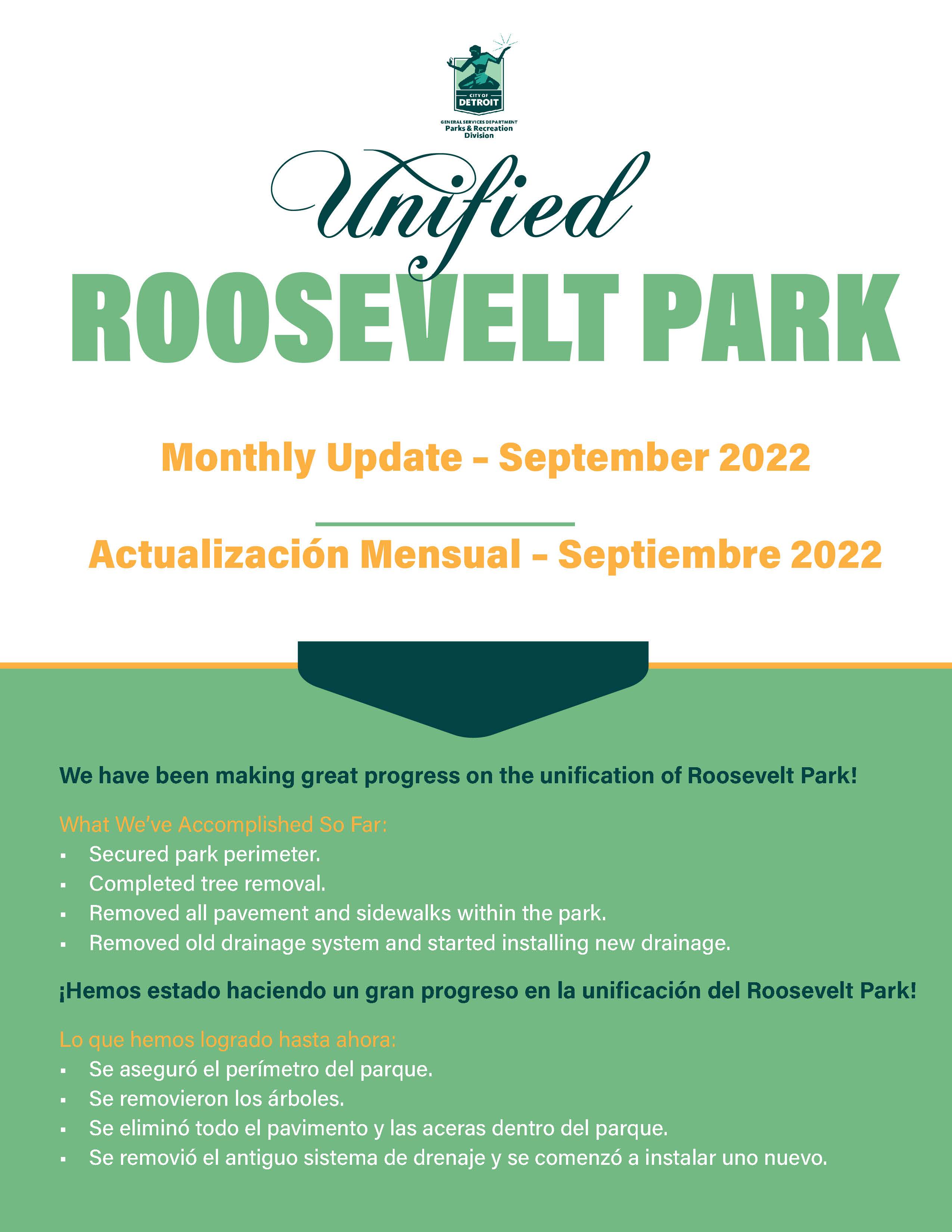 Roosevelt Park Construction Update for September '22