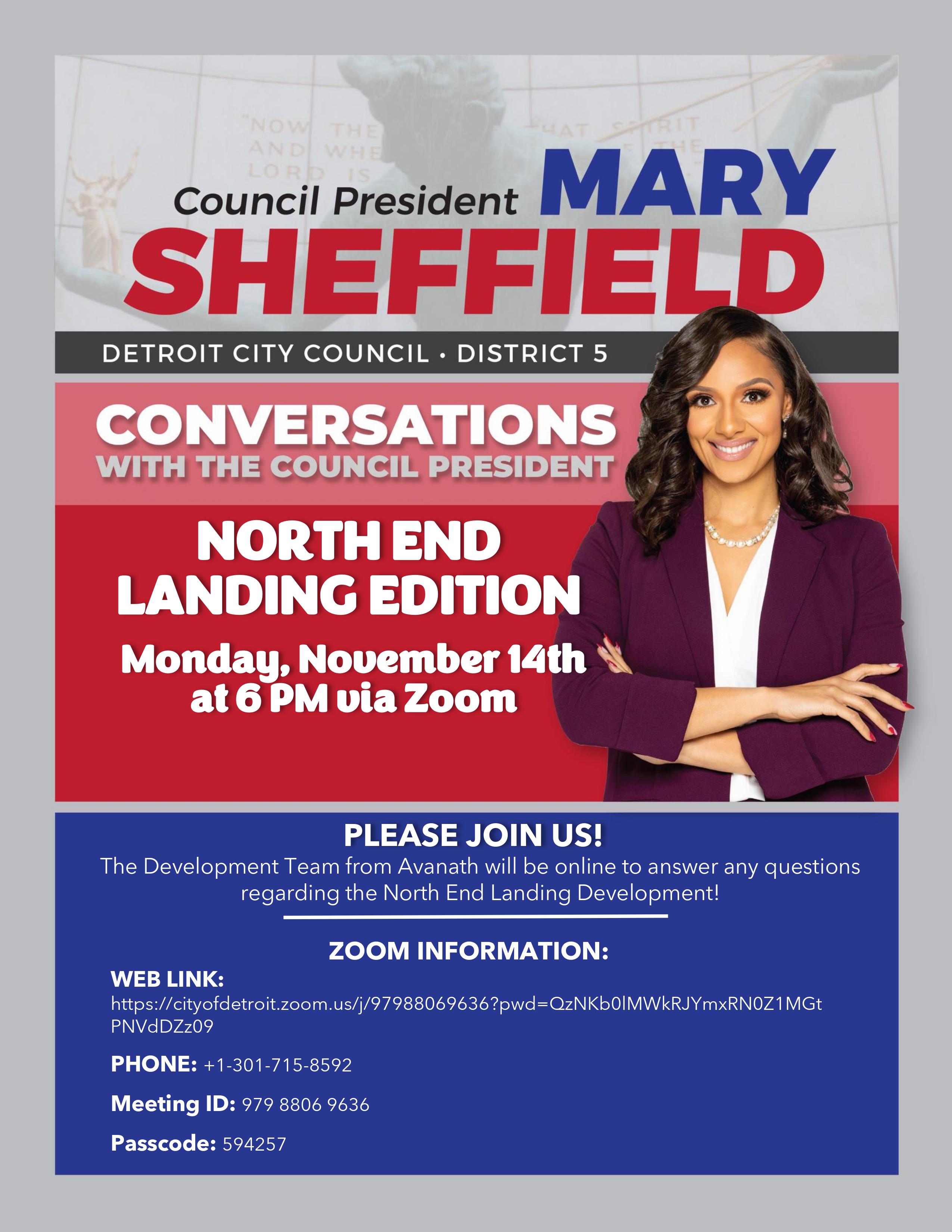 Council President Mary Sheffield to host Conversations with the Council President: North End Landing Edition on Monday, November 14th at 6 pm!