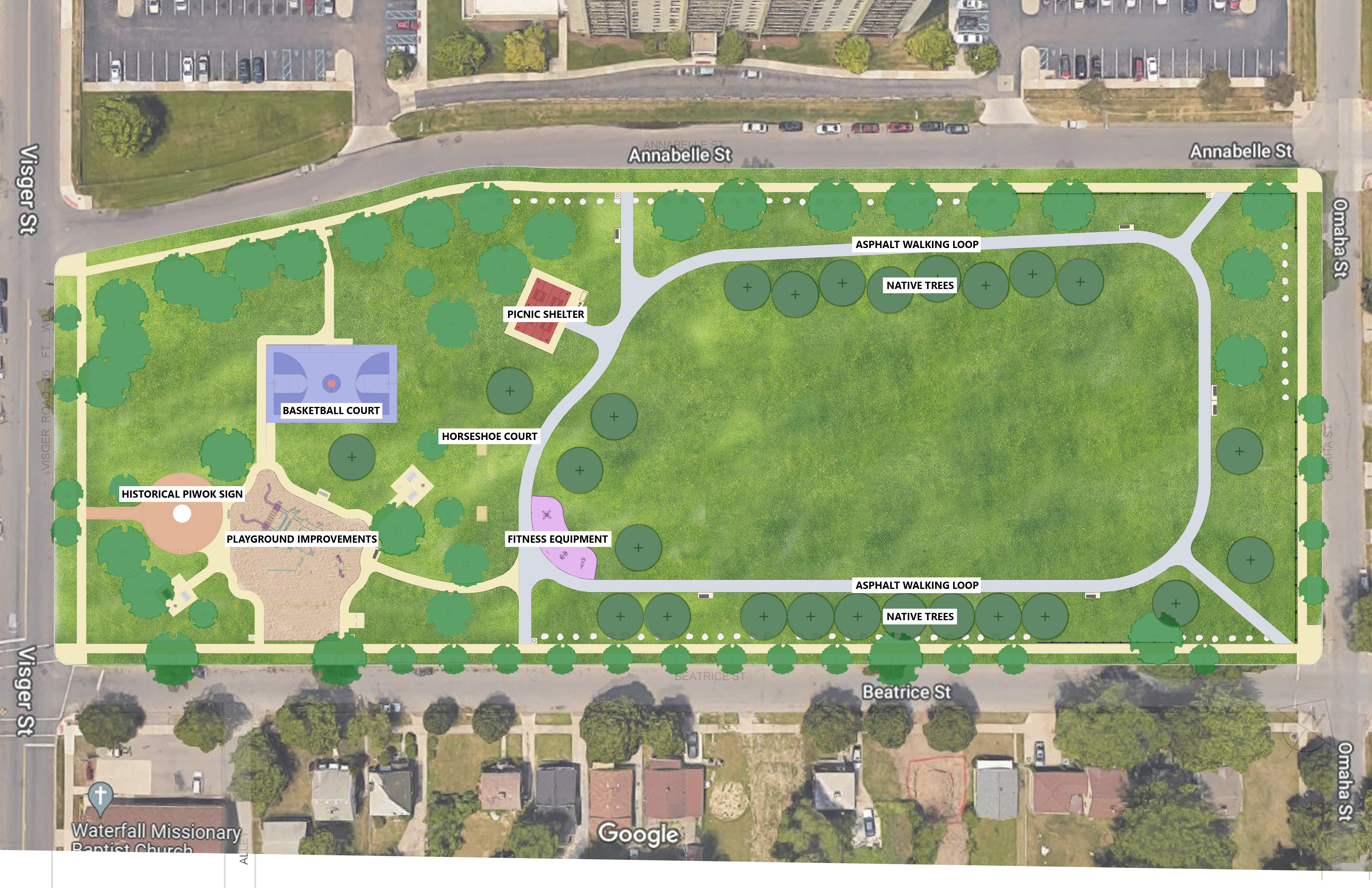 Piwok site plan, including playground, walking paths, picnic area and basketball court