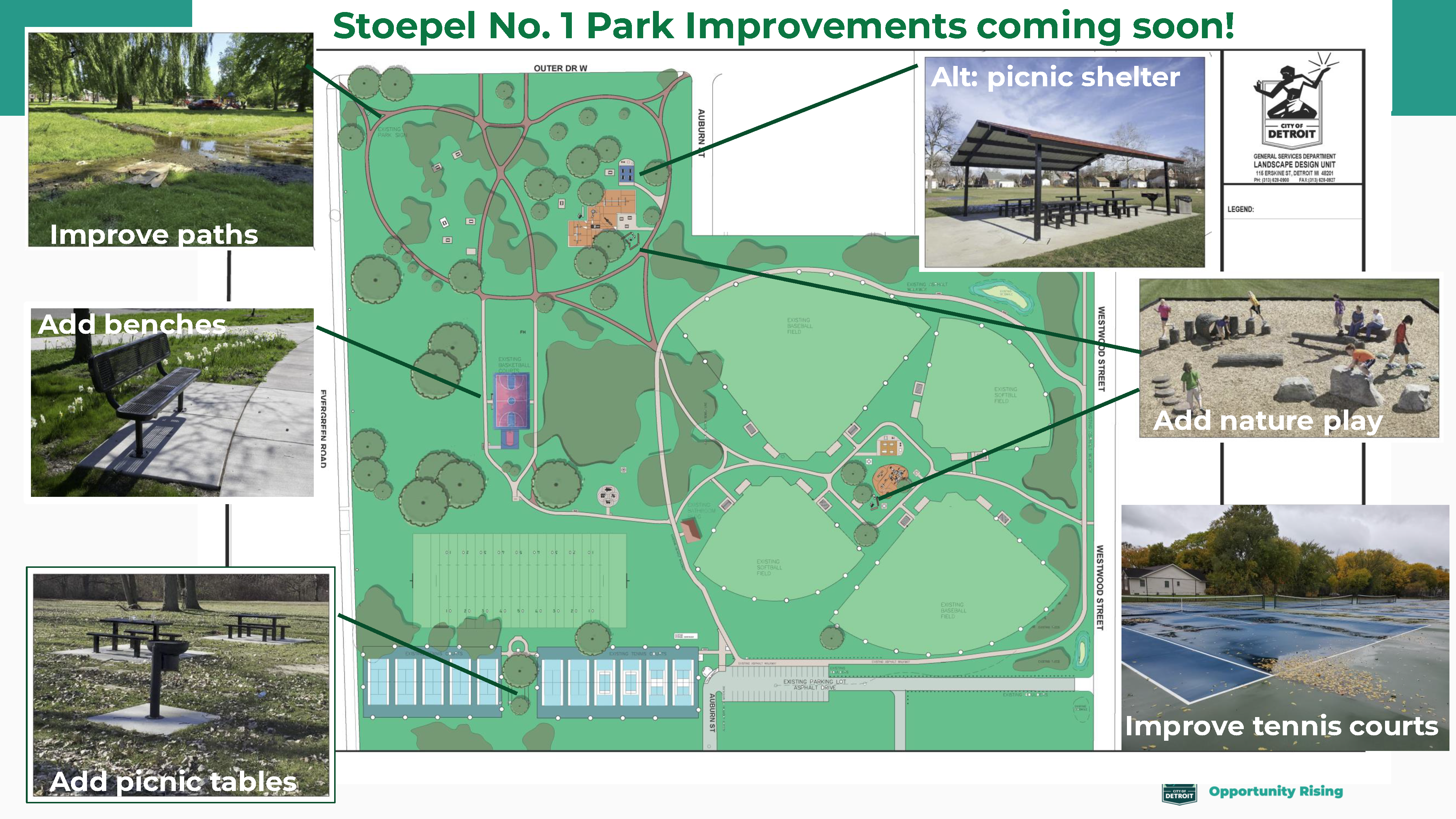 Stoepel No.1 Park Final Design: Improve paths, Add benches, Add picnic tables, Alt: picnic shelter, Add nature play, Improve tennis courts