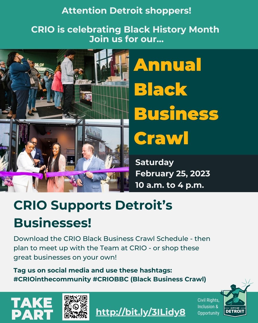 Text Reads: Attention Detroit shoppers!  CRIO is celebrating Black History Month  Join us for our... Annual Black Business Crawl. February 25, 2023.