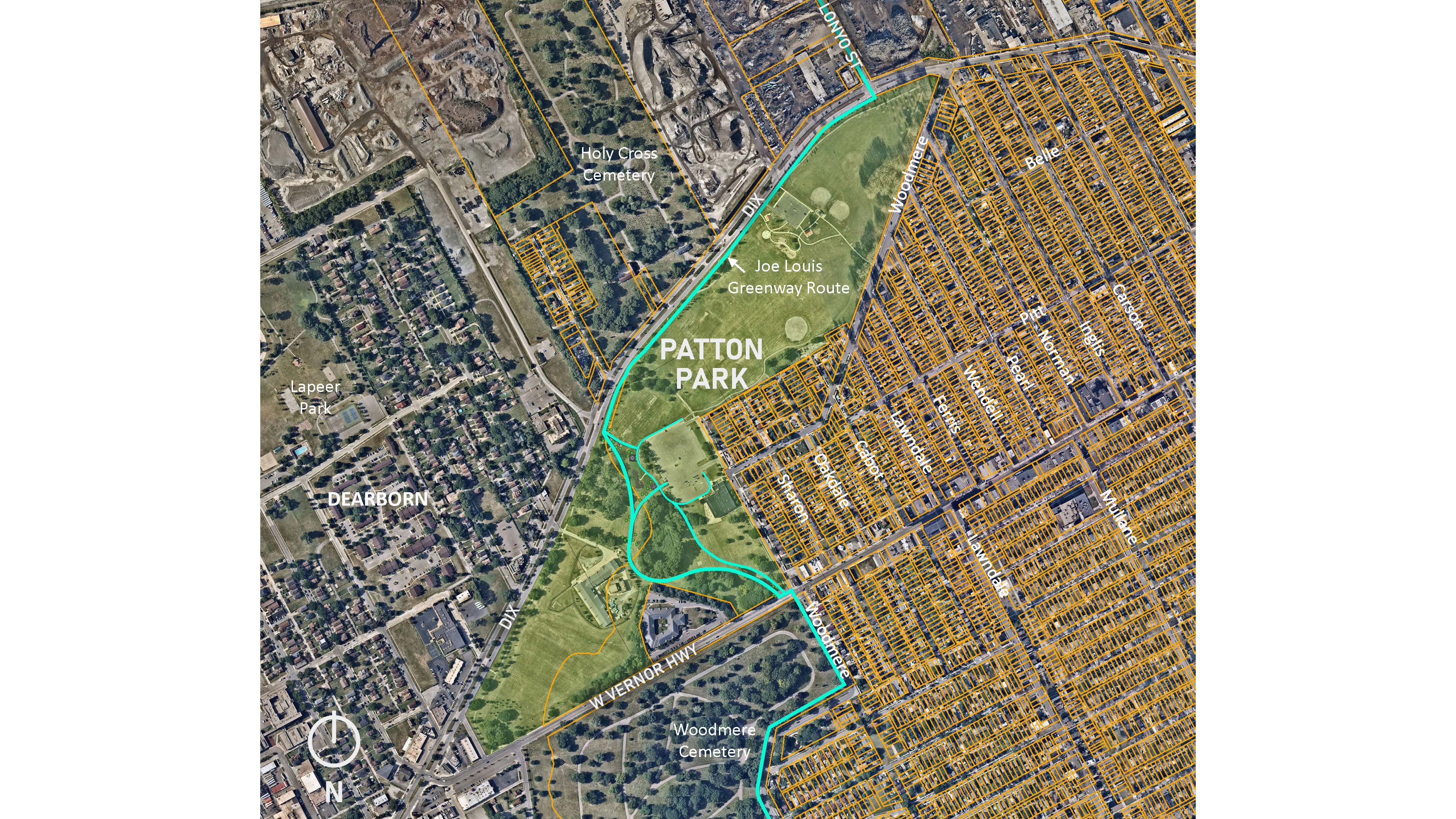 Map showing Patton Park and Joe Louis Greenway Extension