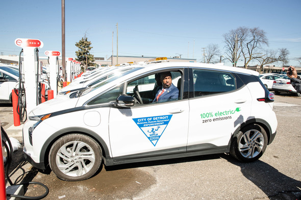 City Council Member Scott Benson takes one of the new MPD electric vehicles for a test drive. 