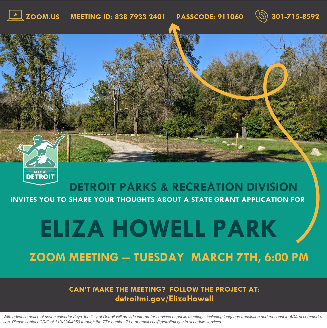 Join us on zoom for a community meeting to discuss a grant opportunity for the park