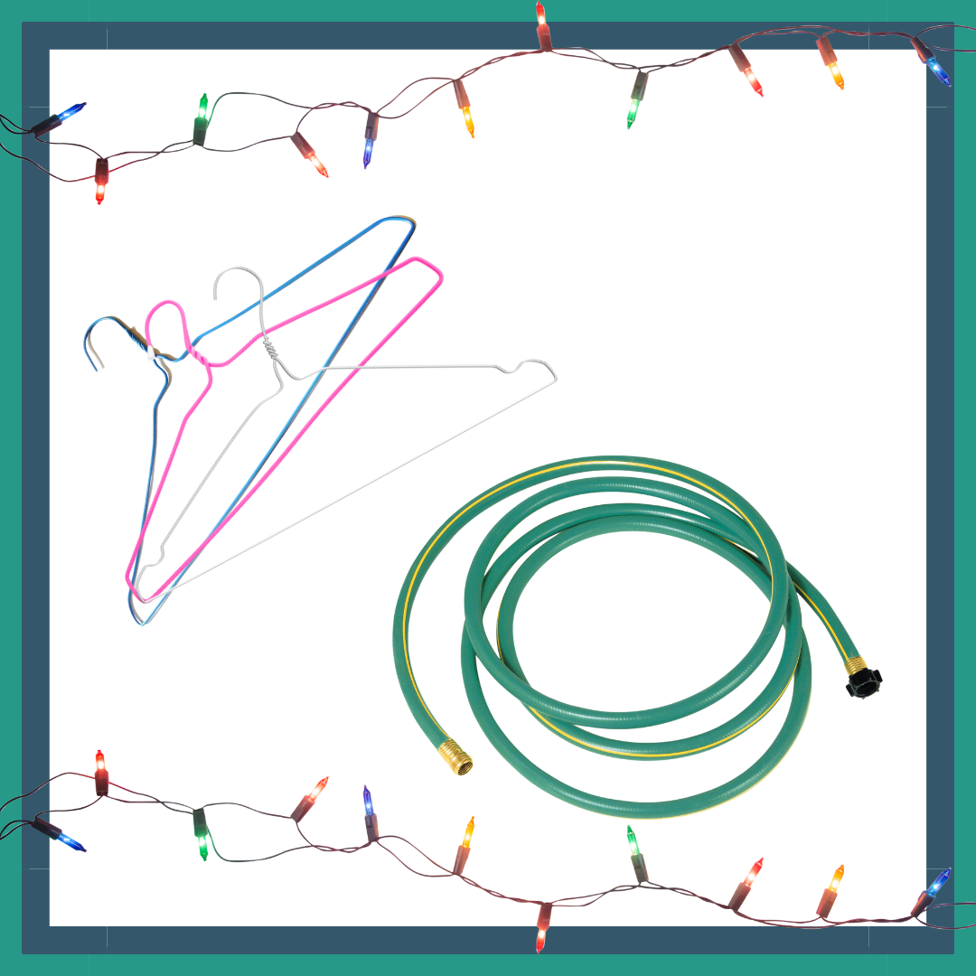 garden hose, wire hangers and string lights