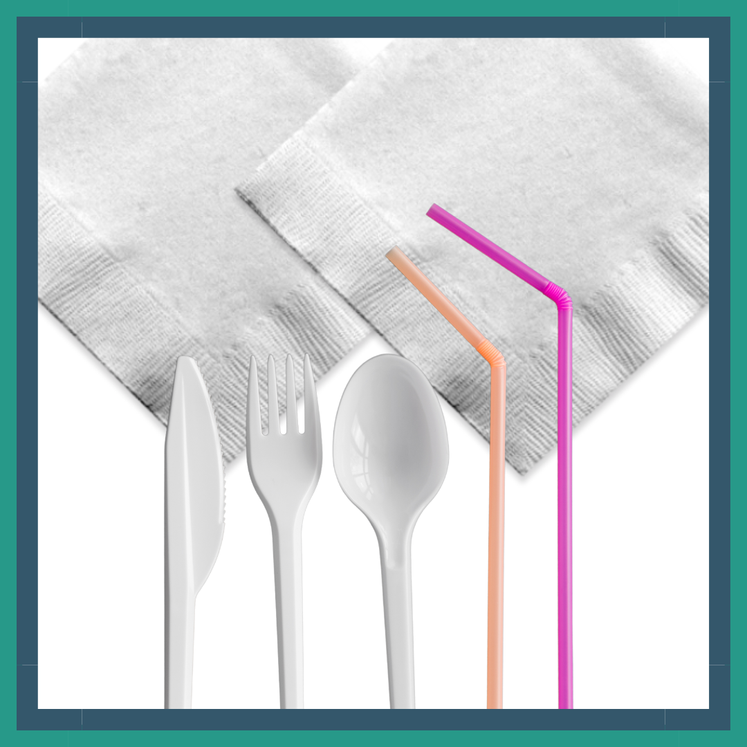 napkins, straws, and plastic utensils