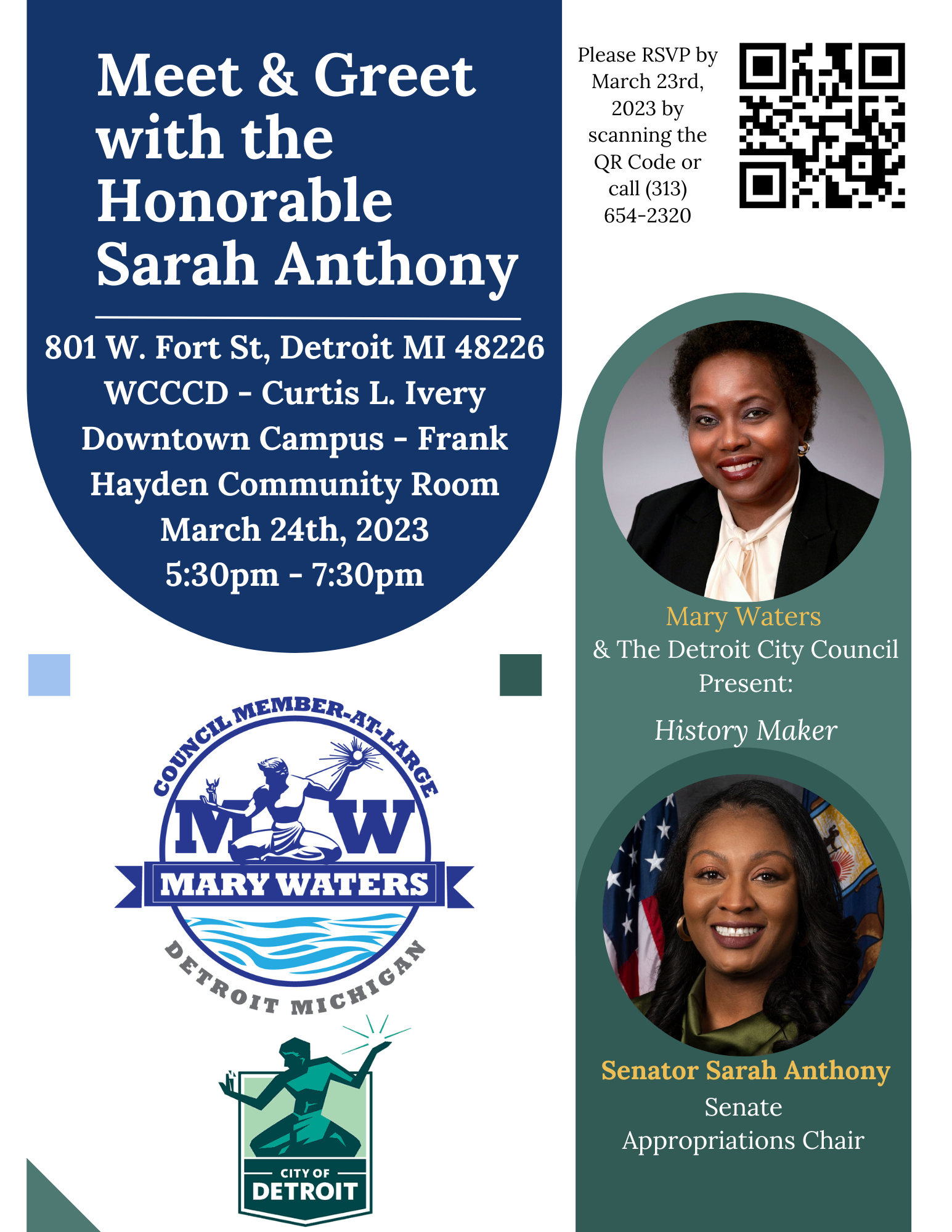 Flyer with pictures of Council Woman Waters and Senator Sarah Anthony