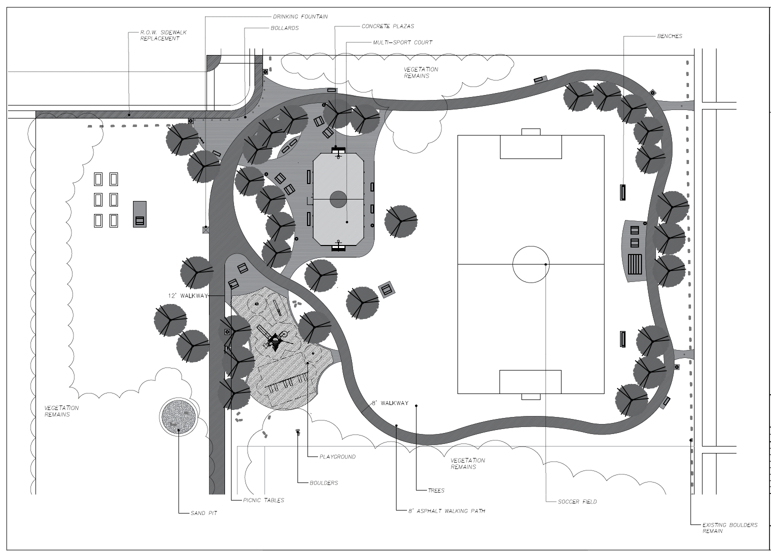 Bieniek site plan, includes walking loop, playground, multi-sport court and soccer field
