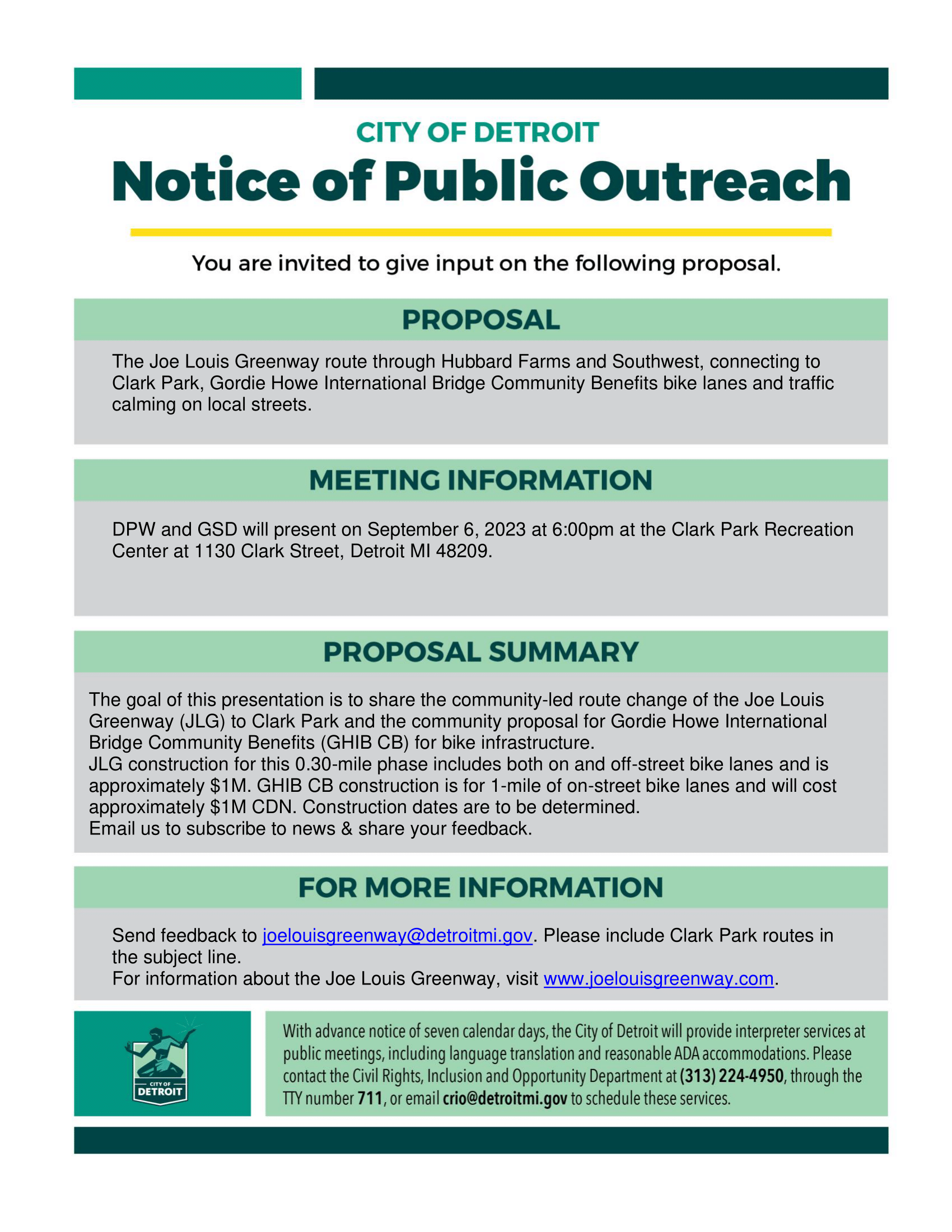 Notice of Public Outreach - Joe Louis Arena COO on Sept. 6