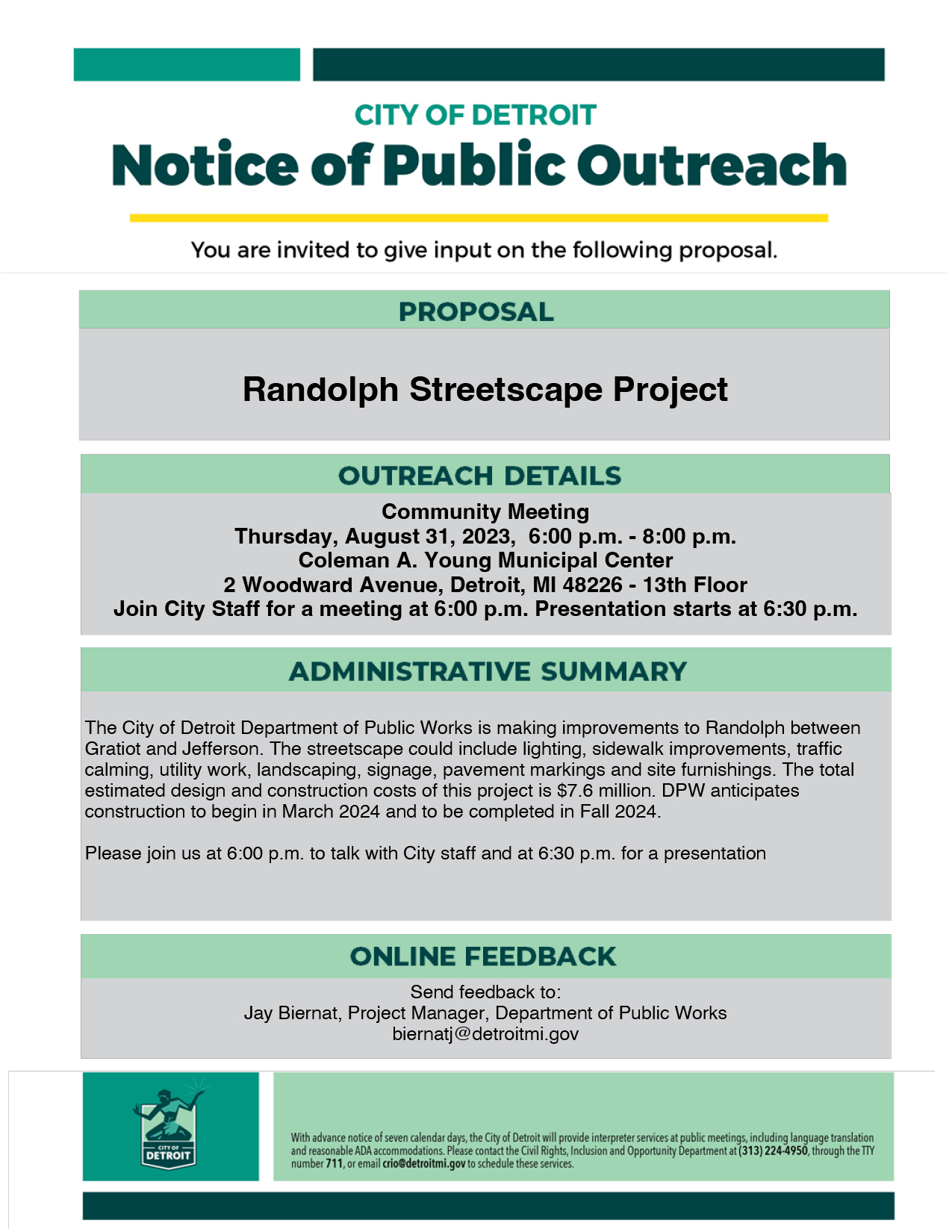 Randolph Streetscape Community Meet notice