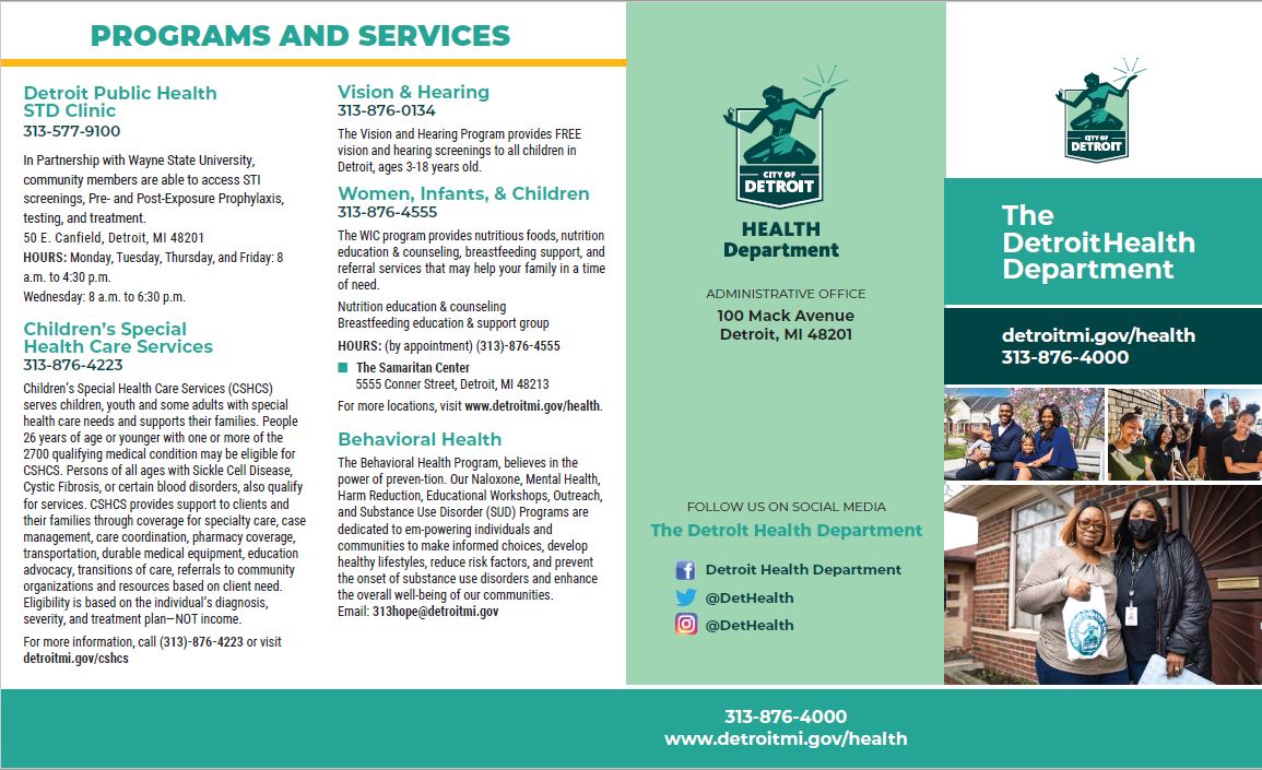 Front of brochure, list of programs and services plus contact info