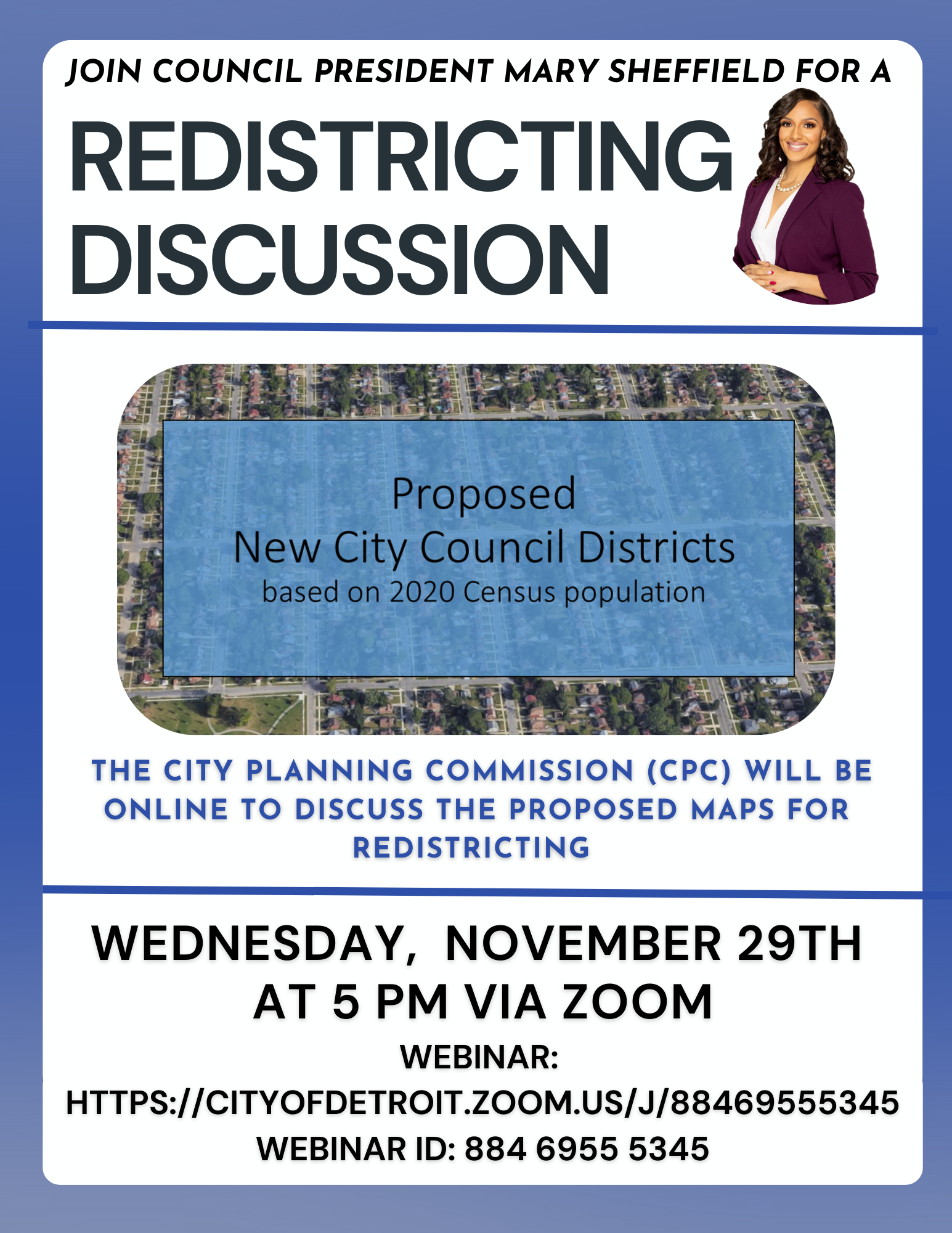 Council President Mary Sheffield to Host a Redistricting Discussion on Wednesday, November 29th at 5 pm