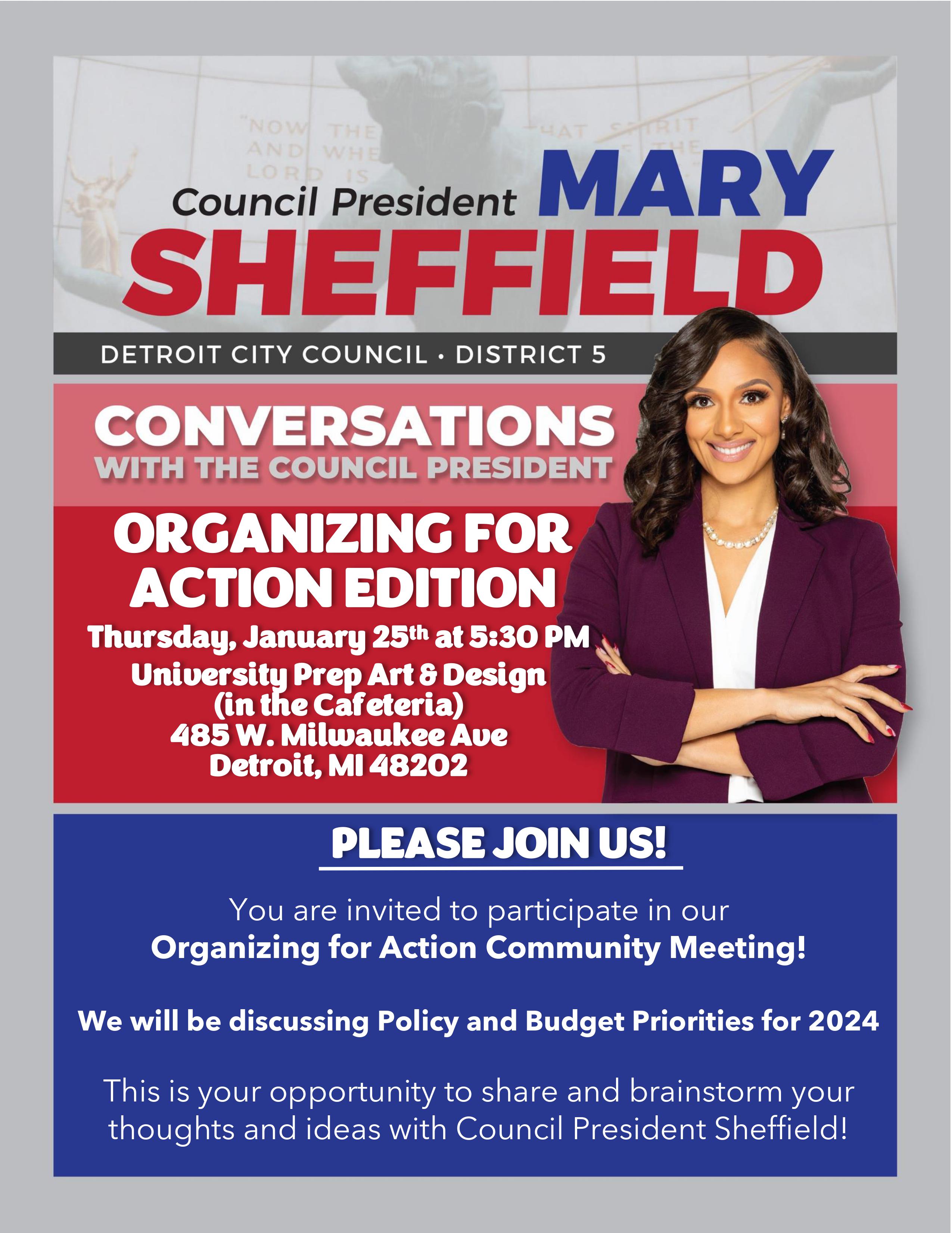 Council President Mary Sheffield to host Conversations with the Council President: Organizing for Action Edition on Thursday, January 25th at 5:30 pm