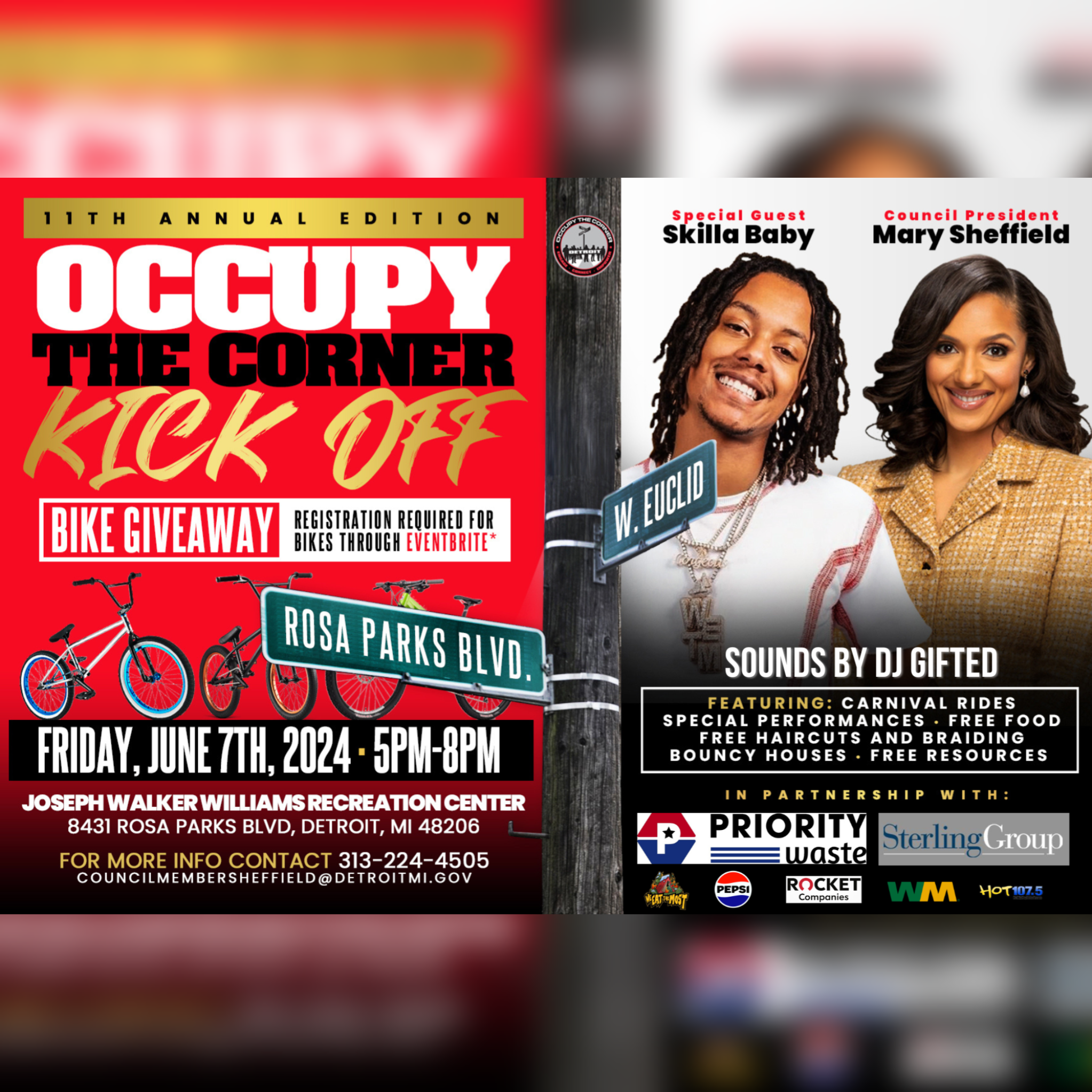 Council President Mary Sheffield's 11th Annual Occupy the Corner - Detroit Kick-off with special guest Skilla Baby | June 7th from 5 pm - 8 pm at Joseph Walker Williams Recreation Center located at 8431 Rose Parks Blvd, Detroit, MI 48206