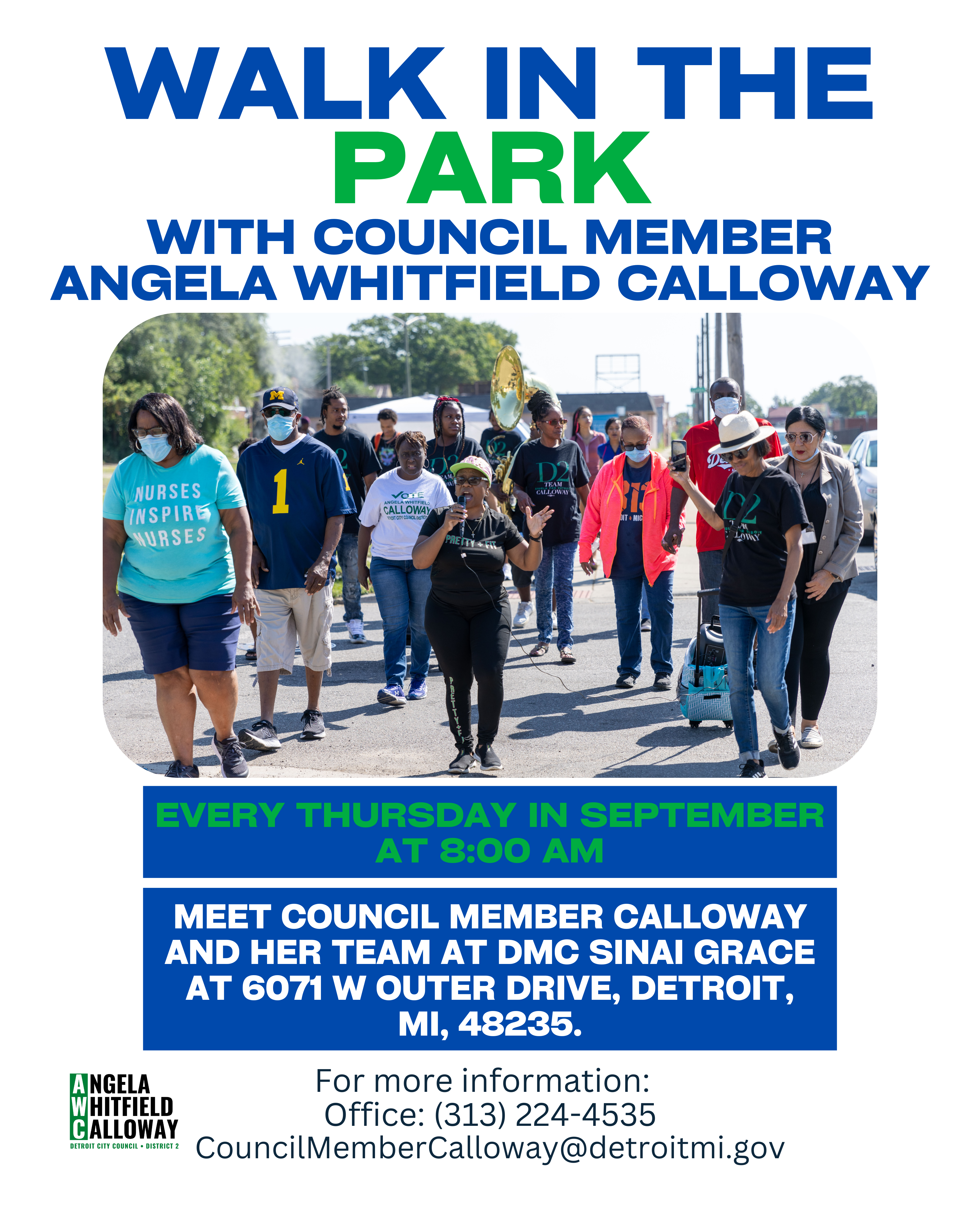 Walk in the Park District 2 white flyer with group of residents walking