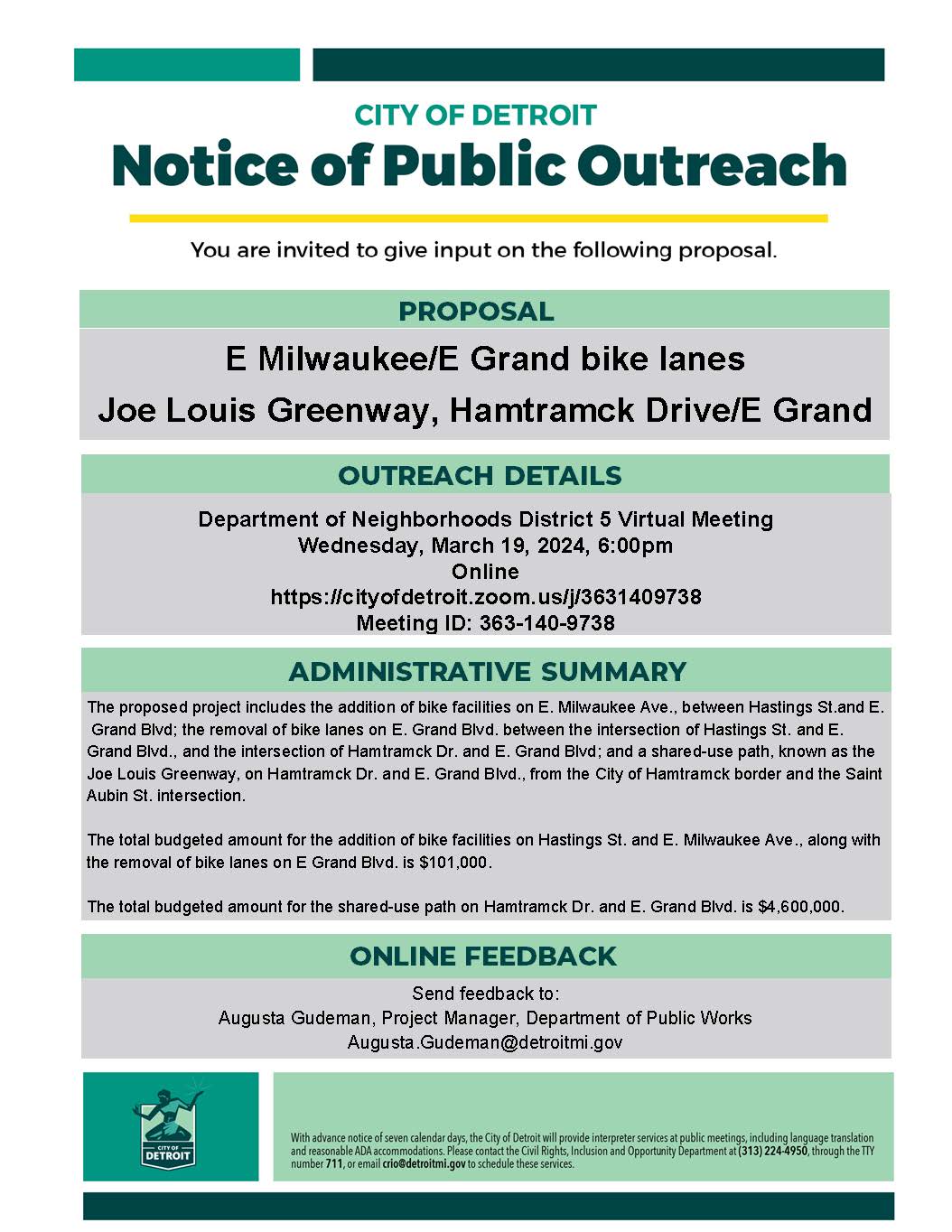 E Milwaukee/E Grand Bike Lanes (Joe Louis Greenway) Online: Meeting 2