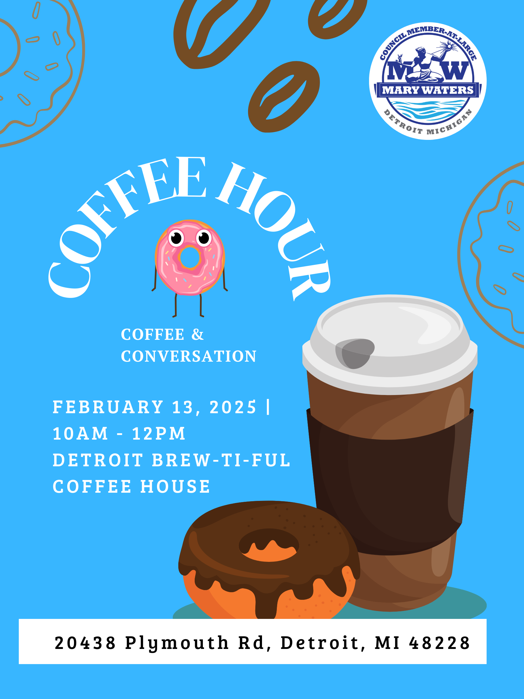 flyer showing coffee cup and pastry with location and date of event