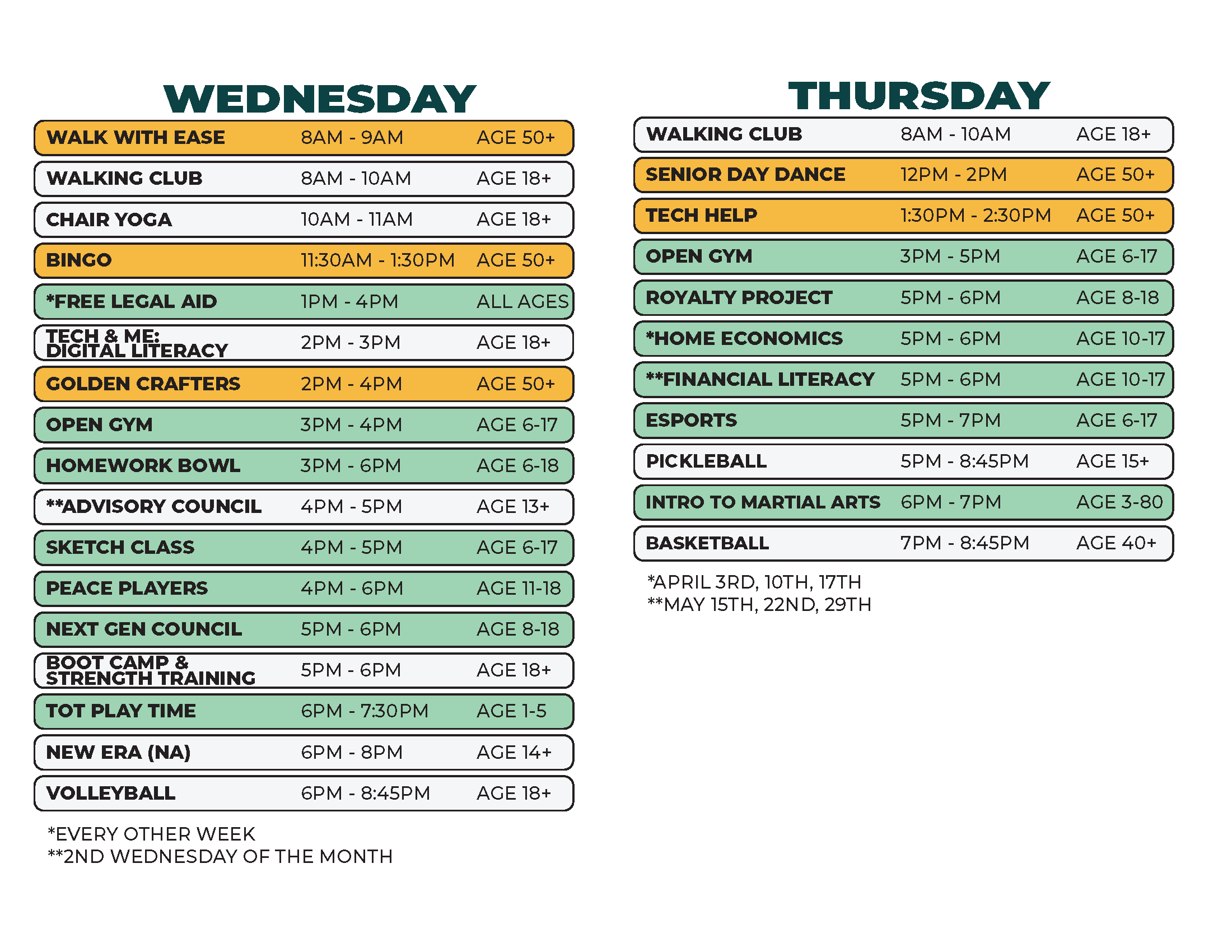 Kemeny Spring Schedule 2