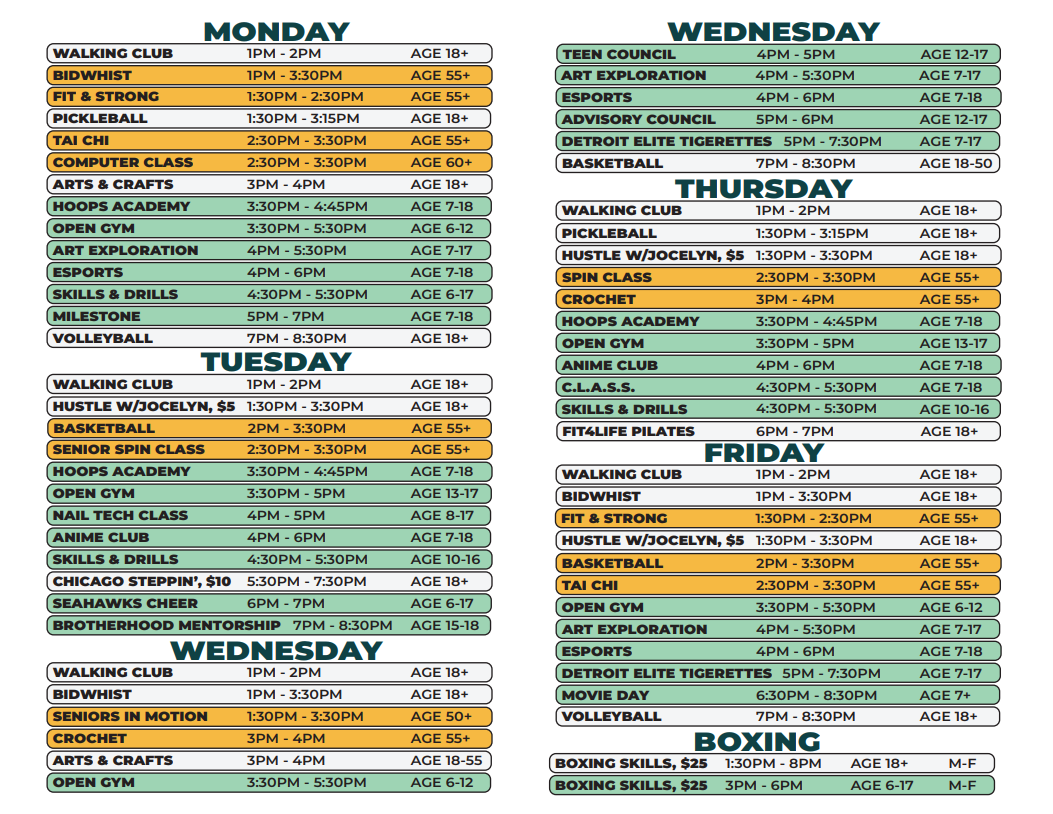 Crowell's weekly activities schedule for Spring/Summer 2025, with additional information about Boxing skills classes.