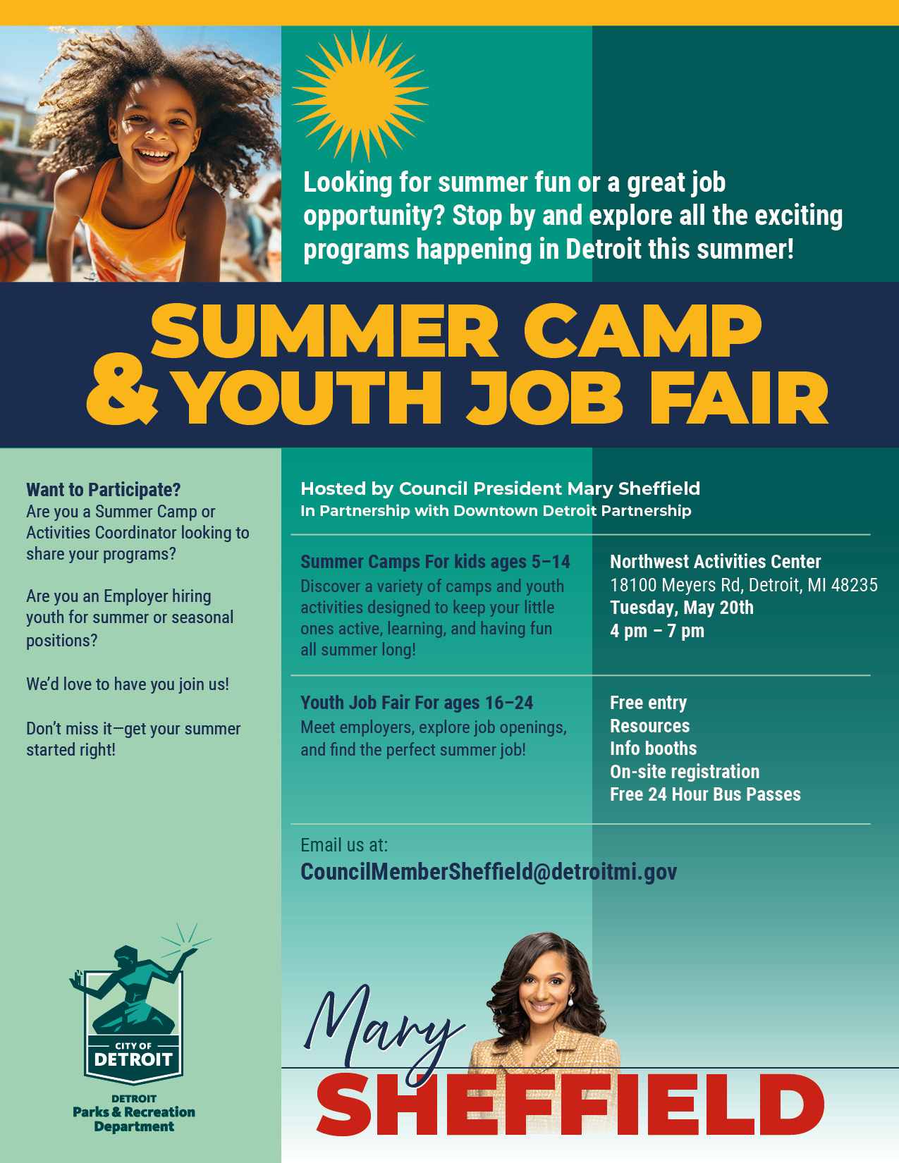 Council President Mary Sheffield to host a Summer Camp &amp; Youth Job Fair on Tuesday, May 20th from 4 pm to 7 pm at NW Activities Center