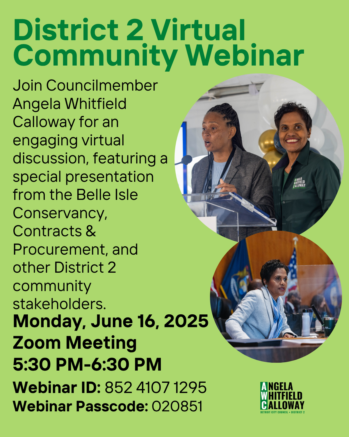 City Council District 2 Community Webinar, green font, black font, green background, photos