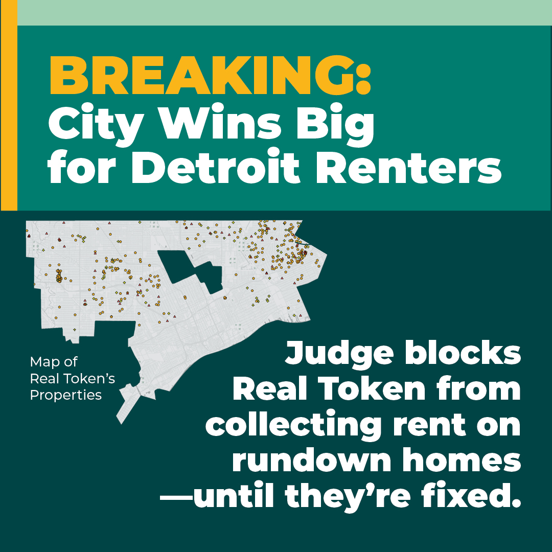 A Wayne County judge has barred Real Token from collecting rent or evicting tenants