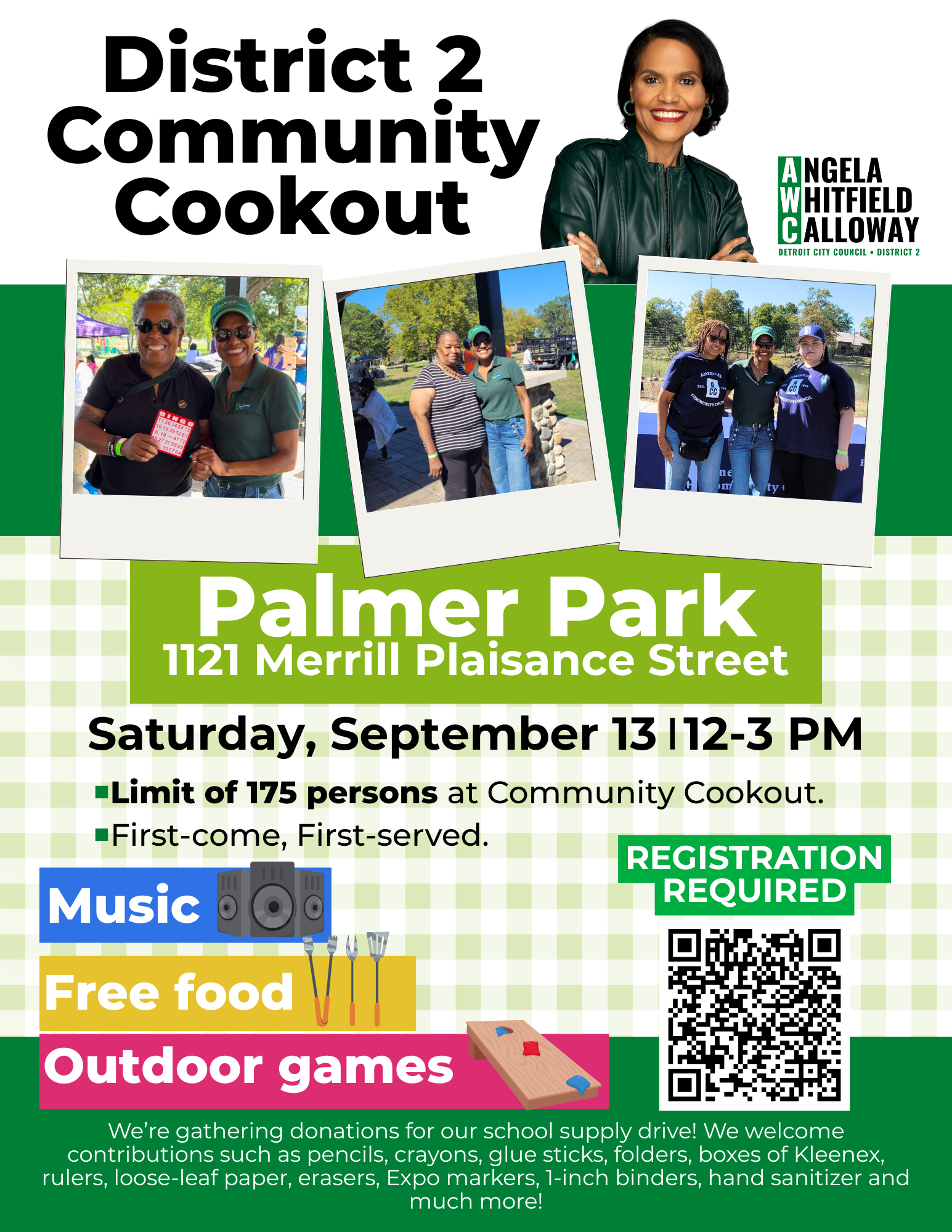Black font, green picnic pattern background, photos of community members