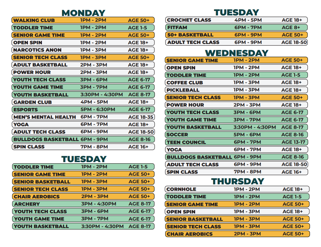 Clement Recreation Center Fall 2025 Schedule (M-Th)