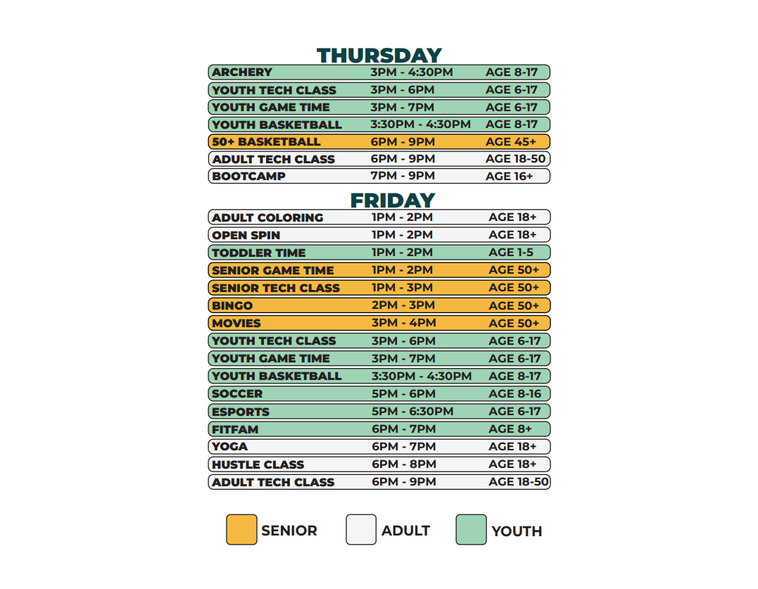 Clement Recreation Center Fall 2025 Schedule (Th-F)