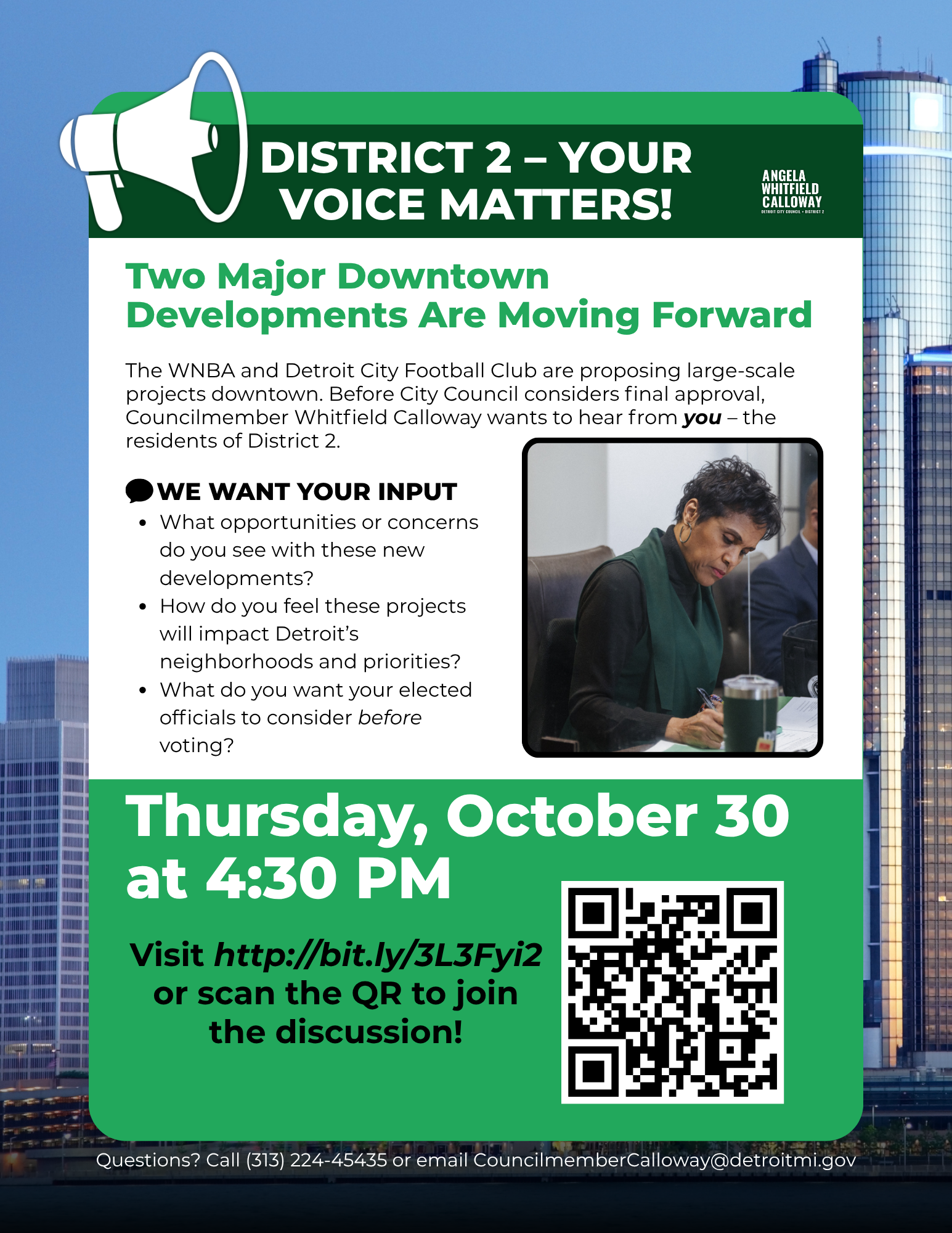 Councilwoman Angela Whitfield Calloway at Council meeting. Flyer promoting resident engagement on October 30th, regarding downtown developments.