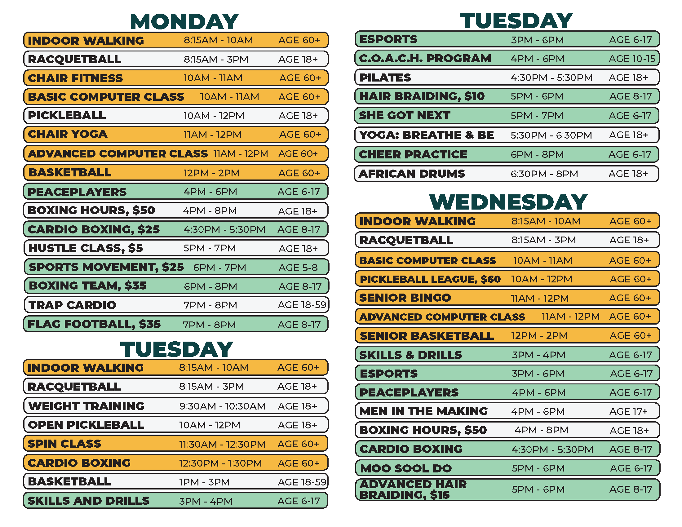 Coleman Young Monday, Tuesday, and Wednesday schedule