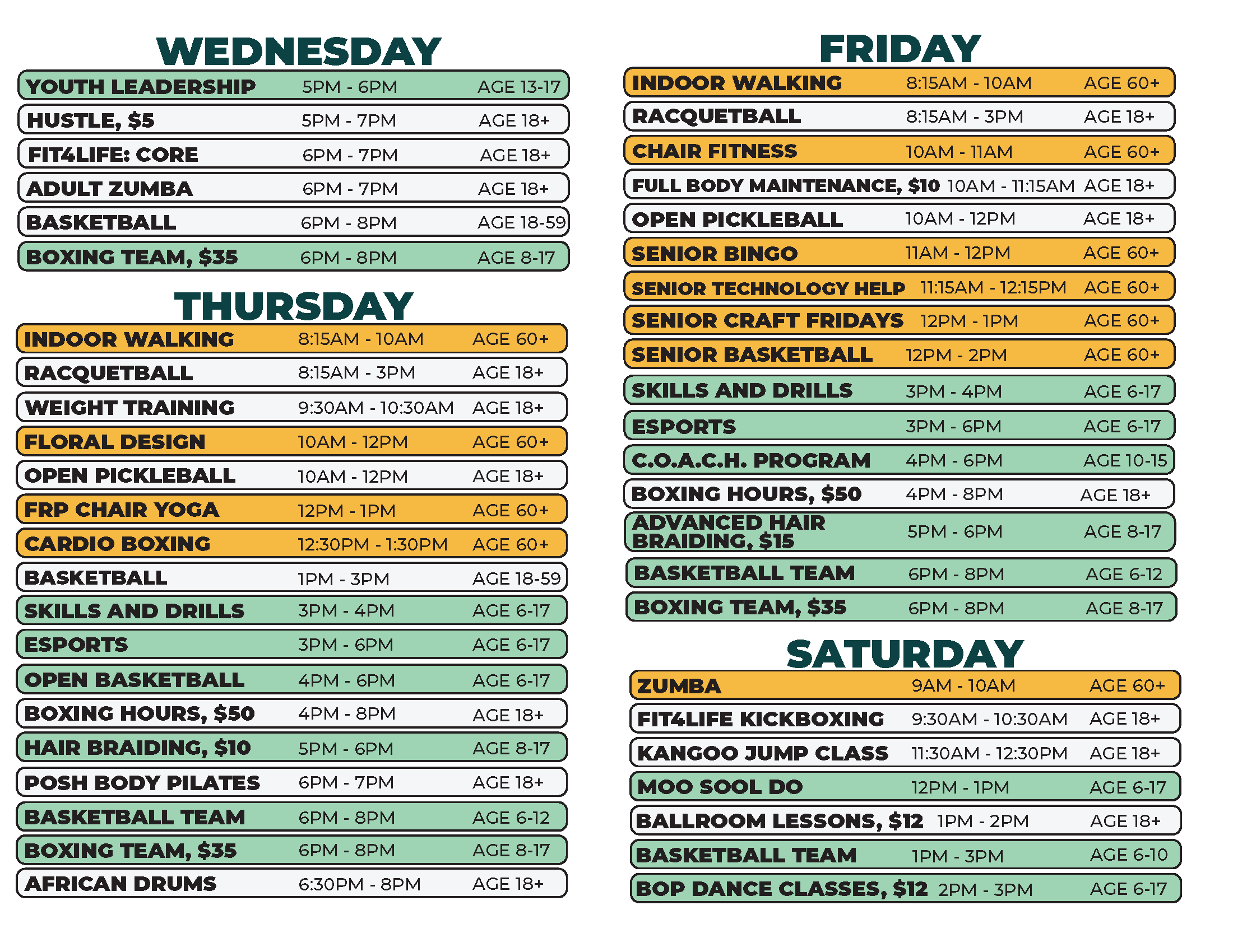 Coleman Young Monday, Wednesday, Thursday, Friday, and Saturday Schedule