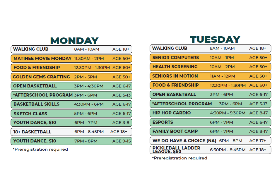 Kemeny Recreation Center Winter Schedule (M-Tues.)