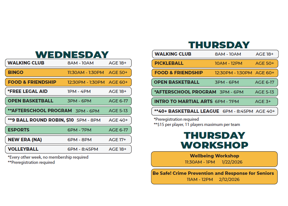 Kemeny Recreation Center Winter Schedule (Weds-Thurs.)