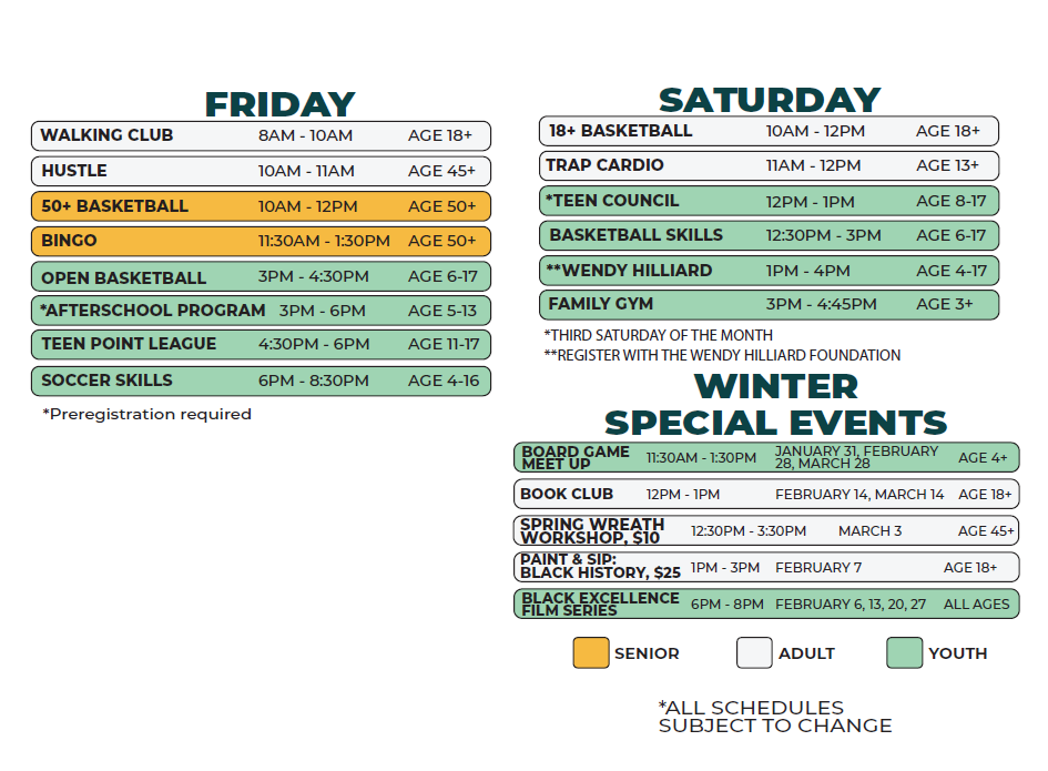Kemeny Recreation Center Winter Schedule (Friday - Sat.)
