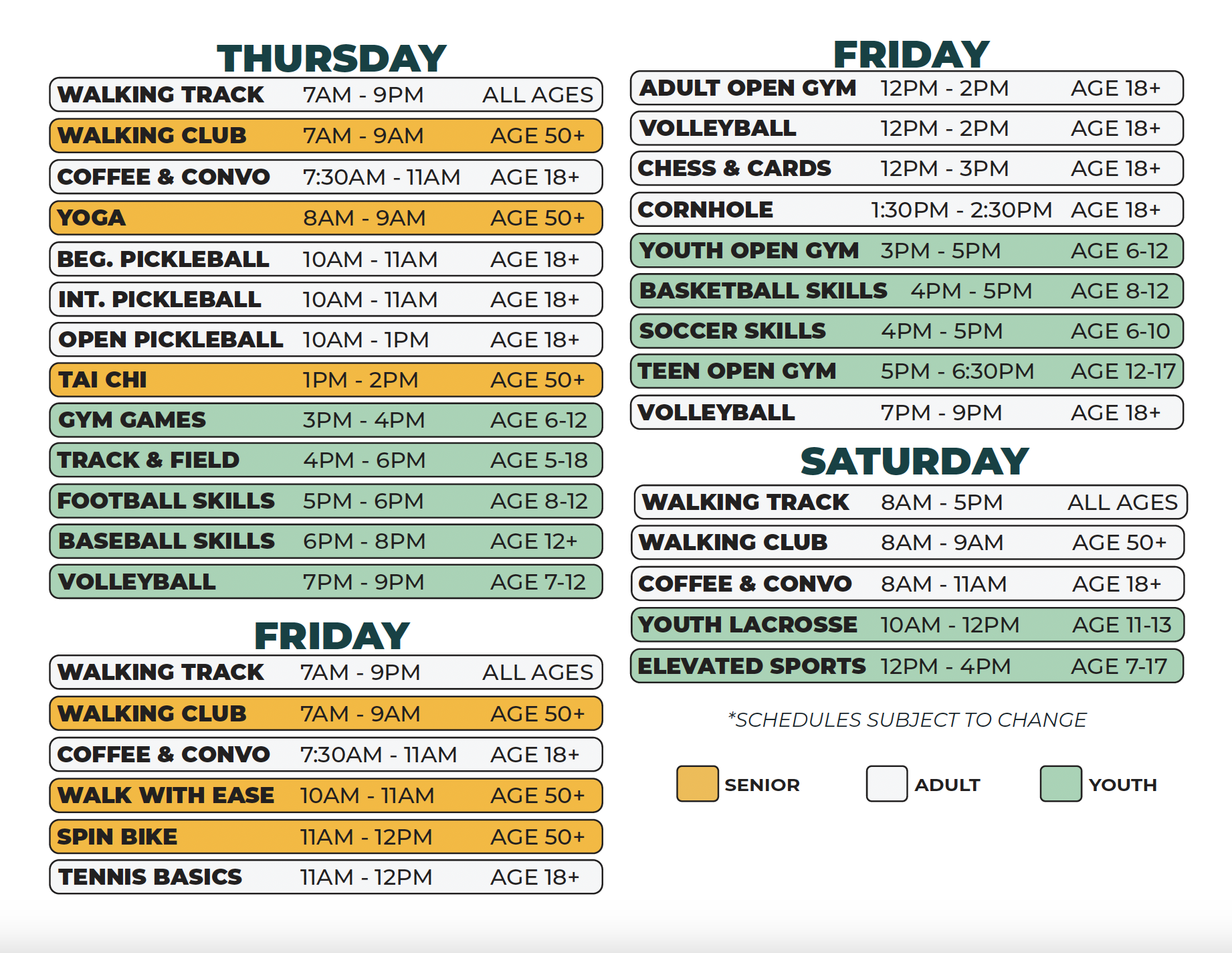 Chandler Park Fieldhouse Winter 2026 Schedule (Thurs. - Sat.)