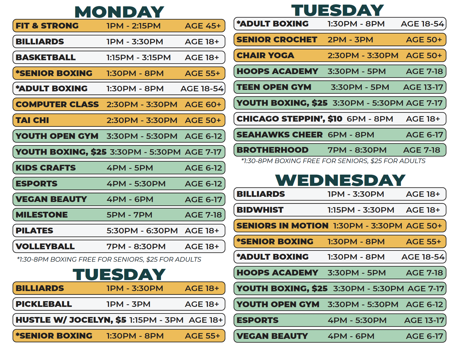 Crowell Recreation Center Winter 2026 Schedule (Mon - Wed)